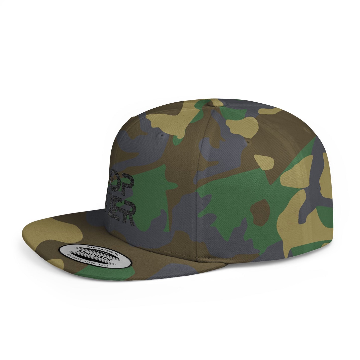 Embroidery Flat Bill Snapback Hat Black Font