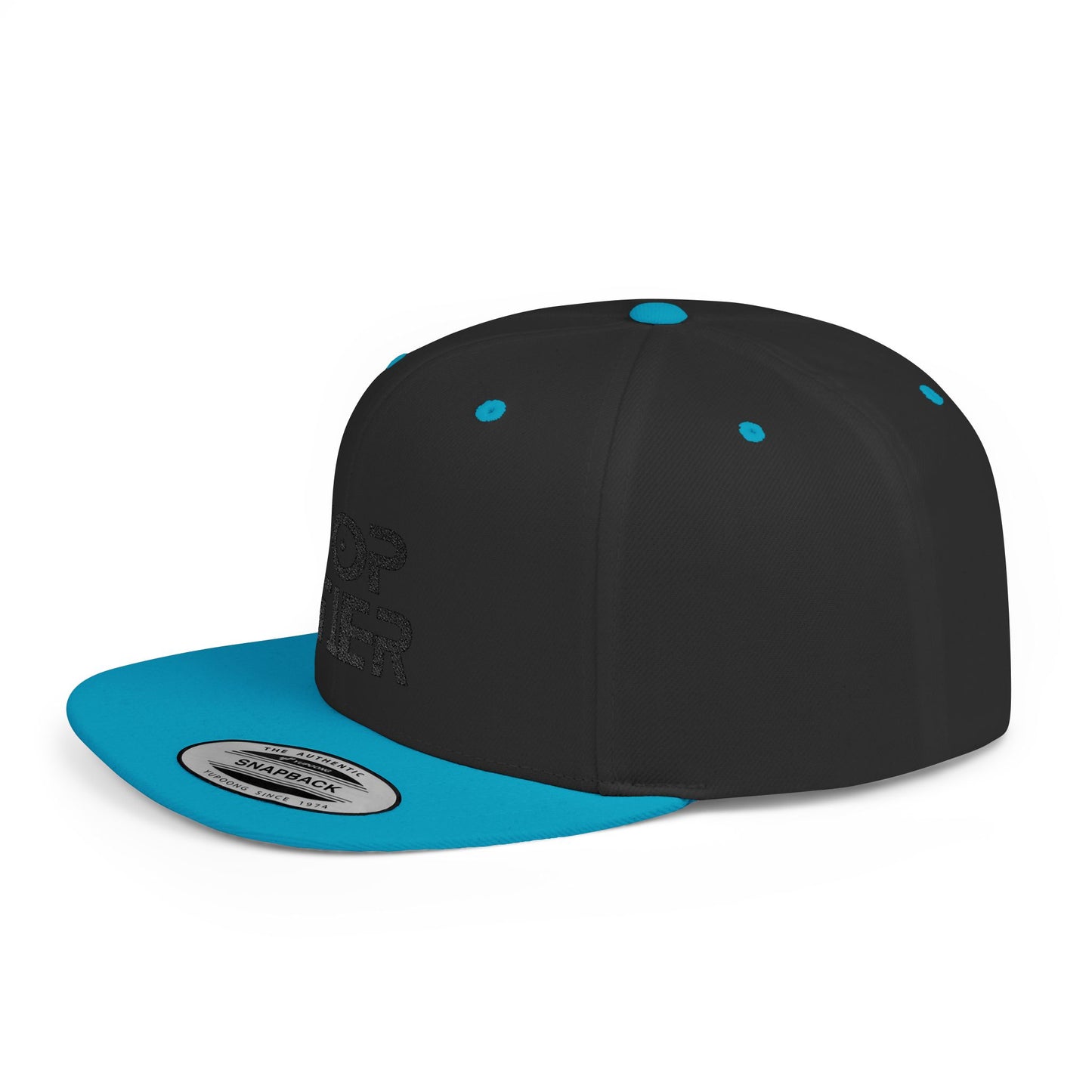 Embroidery Flat Bill Snapback Hat Black Font