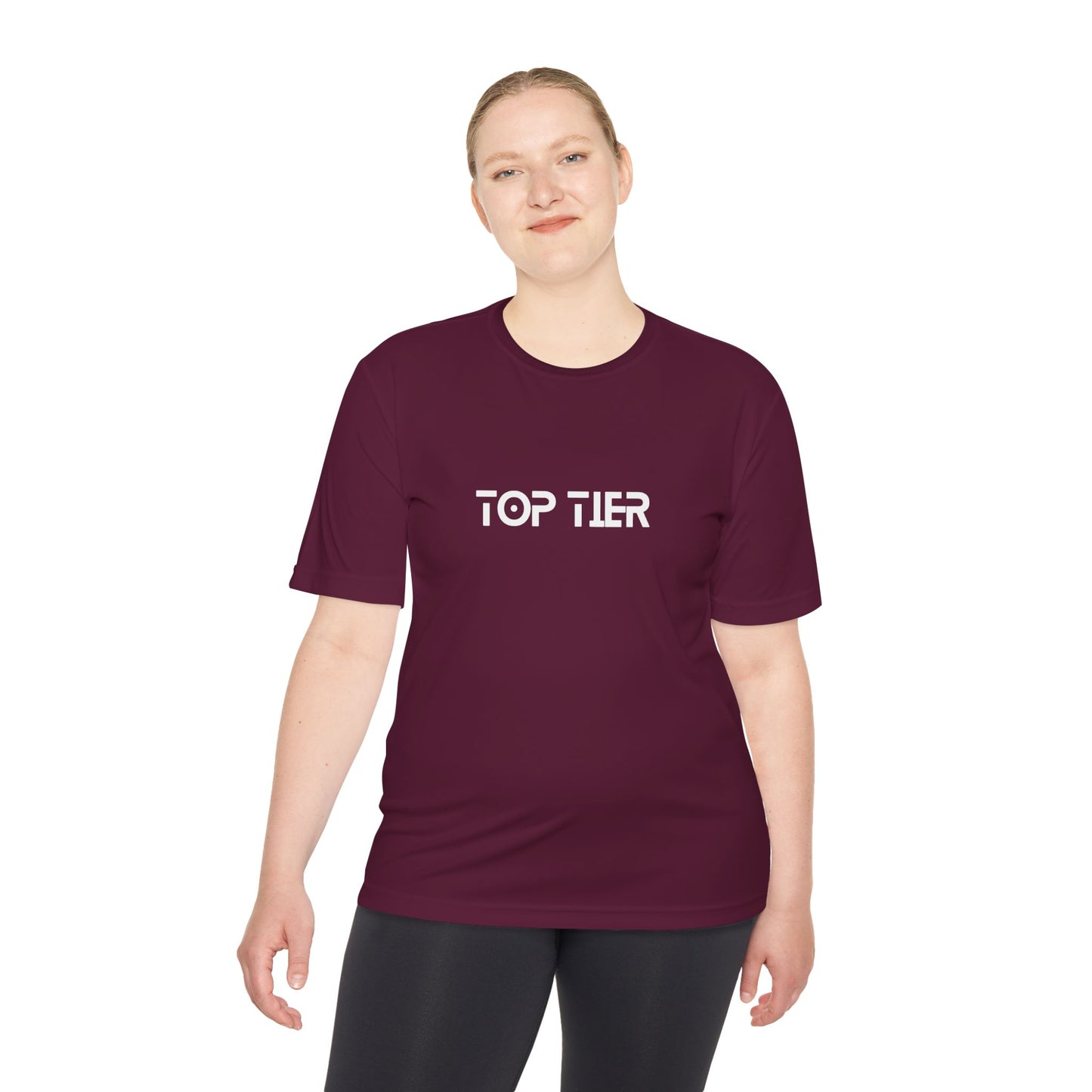 Black Top Tier Performance Tee T-shirt by Printify displayed flat with front view showing smooth fabric and classic fit.