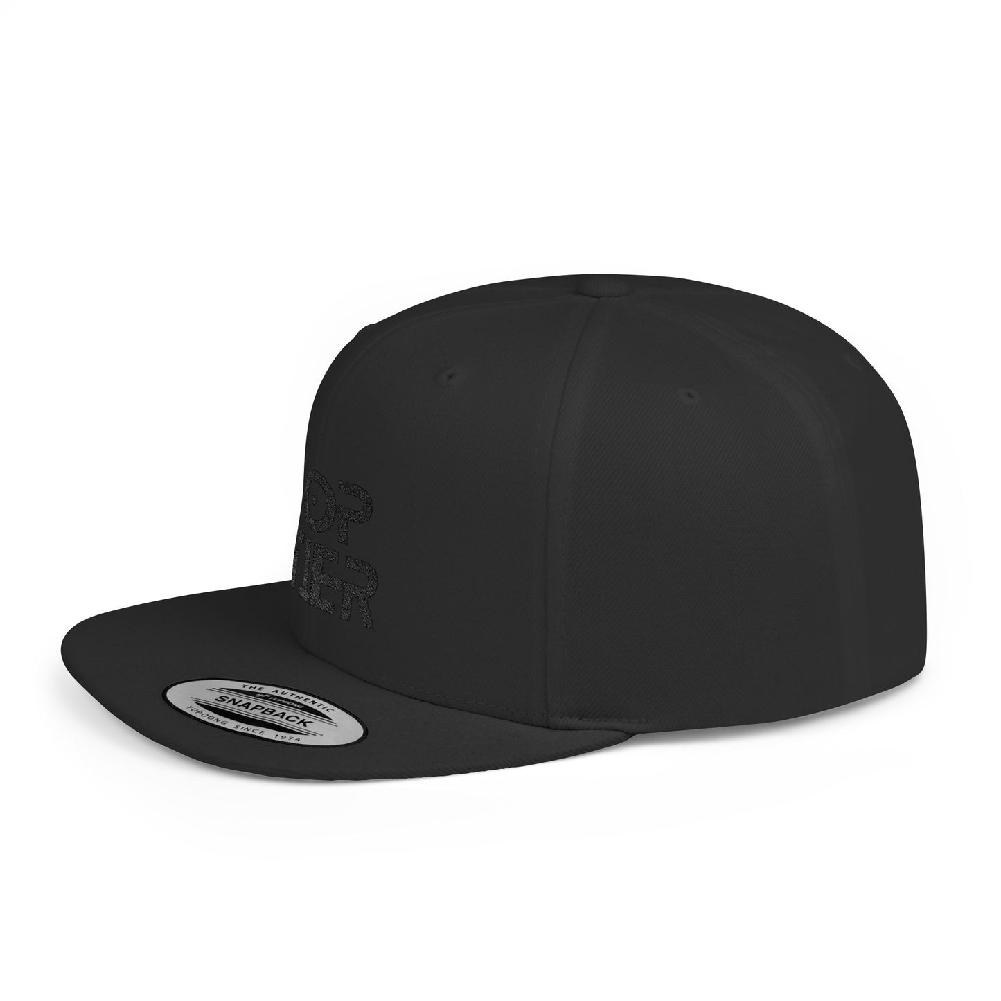 Embroidery Flat Bill Snapback Hat Black Font