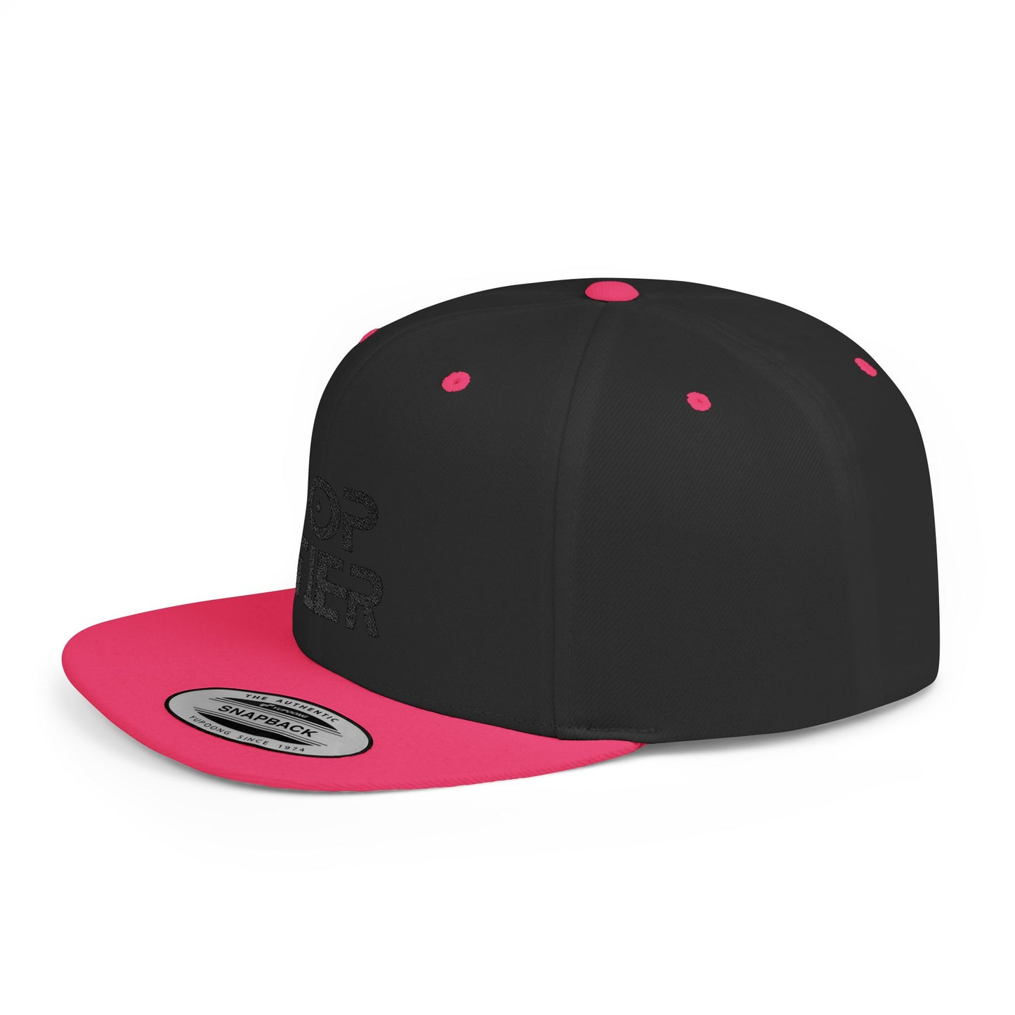 Embroidery Flat Bill Snapback Hat Black Font