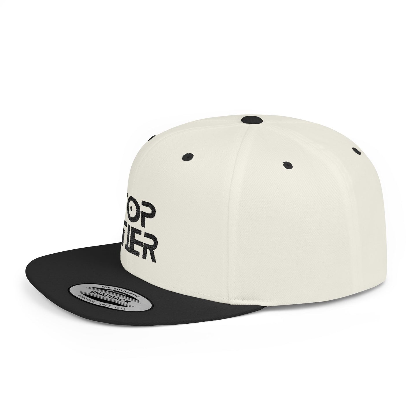 Embroidery Flat Bill Snapback Hat Black Font