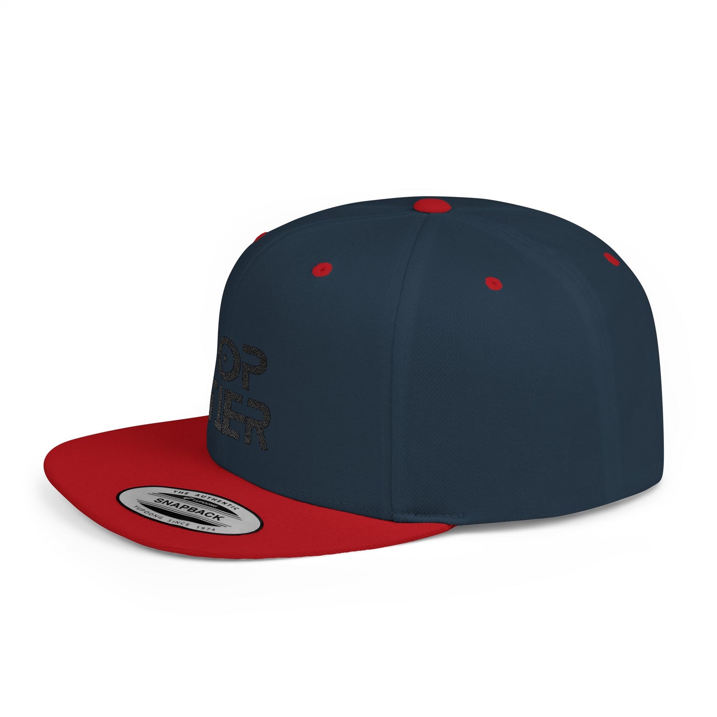 Embroidery Flat Bill Snapback Hat Black Font