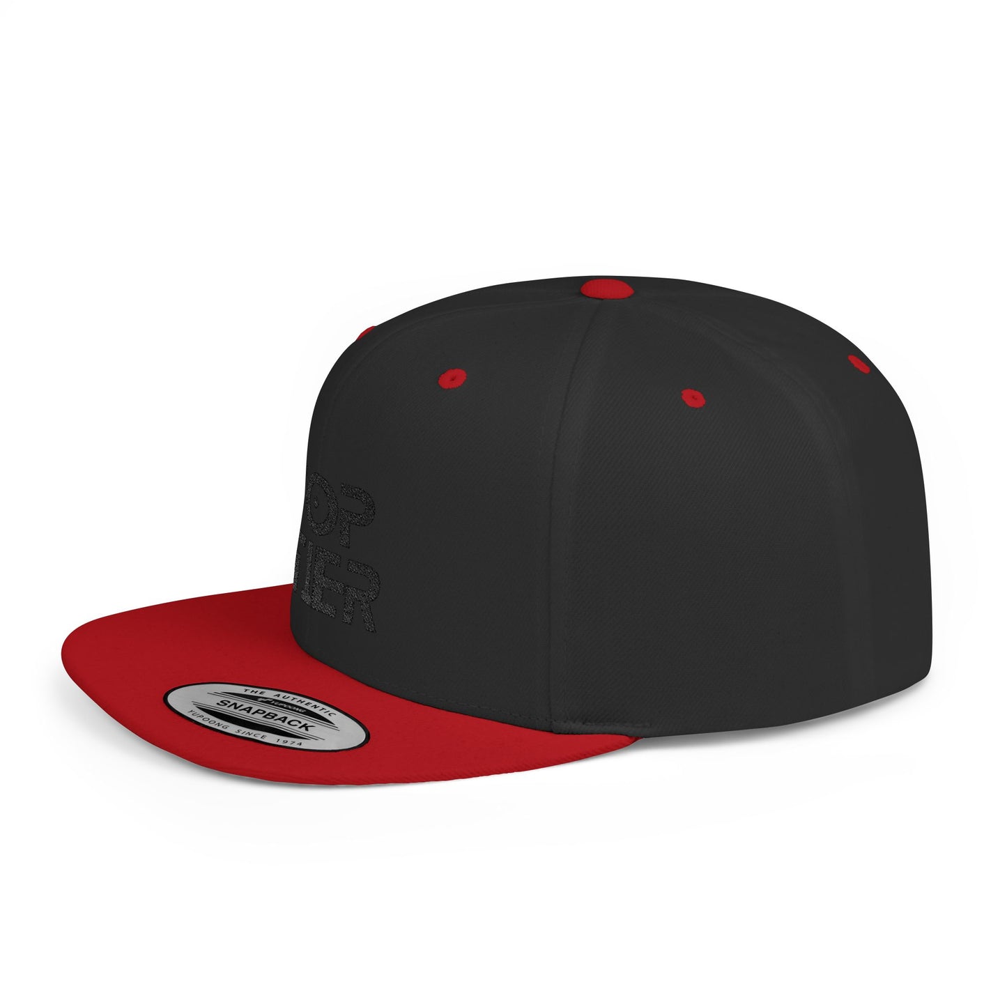 Embroidery Flat Bill Snapback Hat Black Font