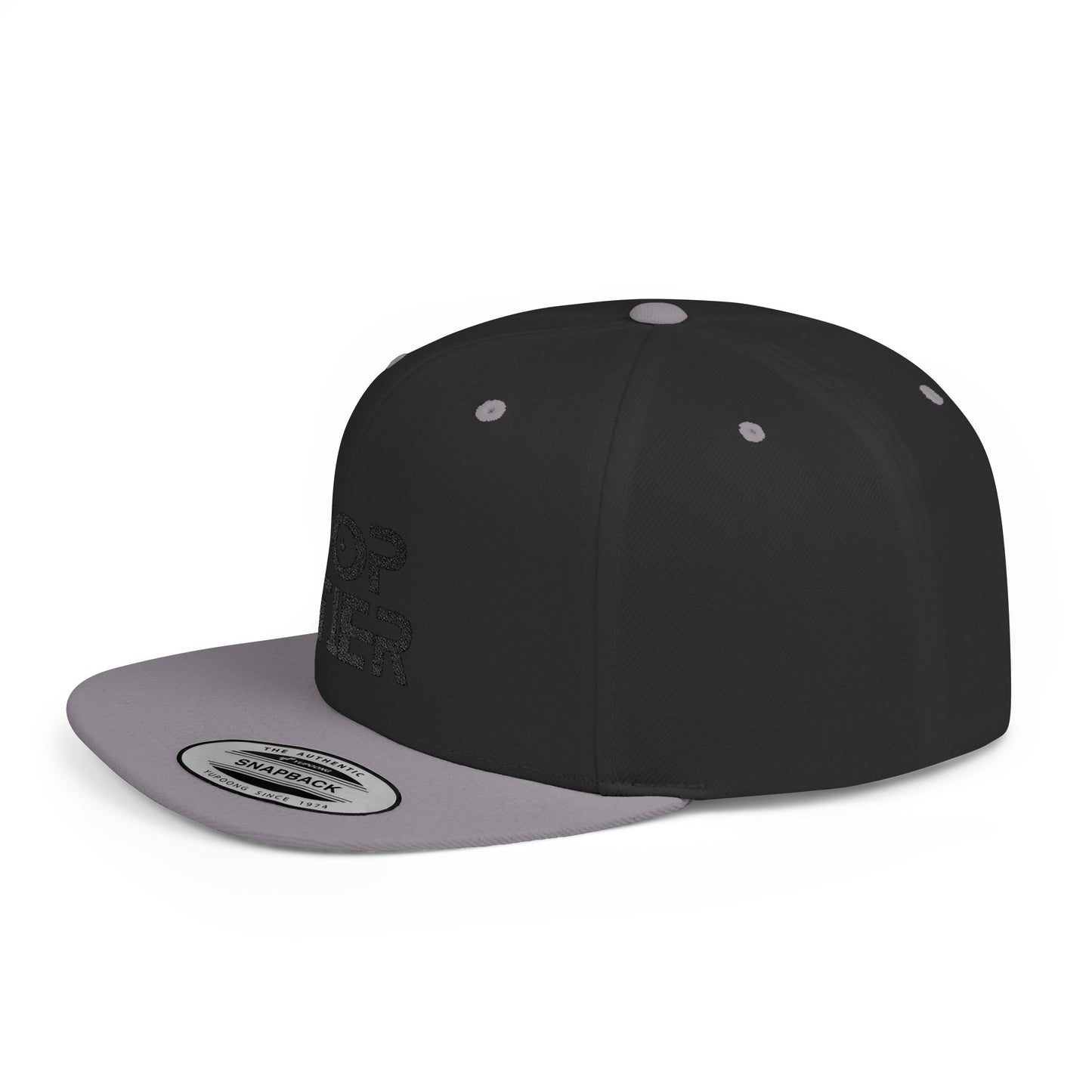 Embroidery Flat Bill Snapback Hat Black Font