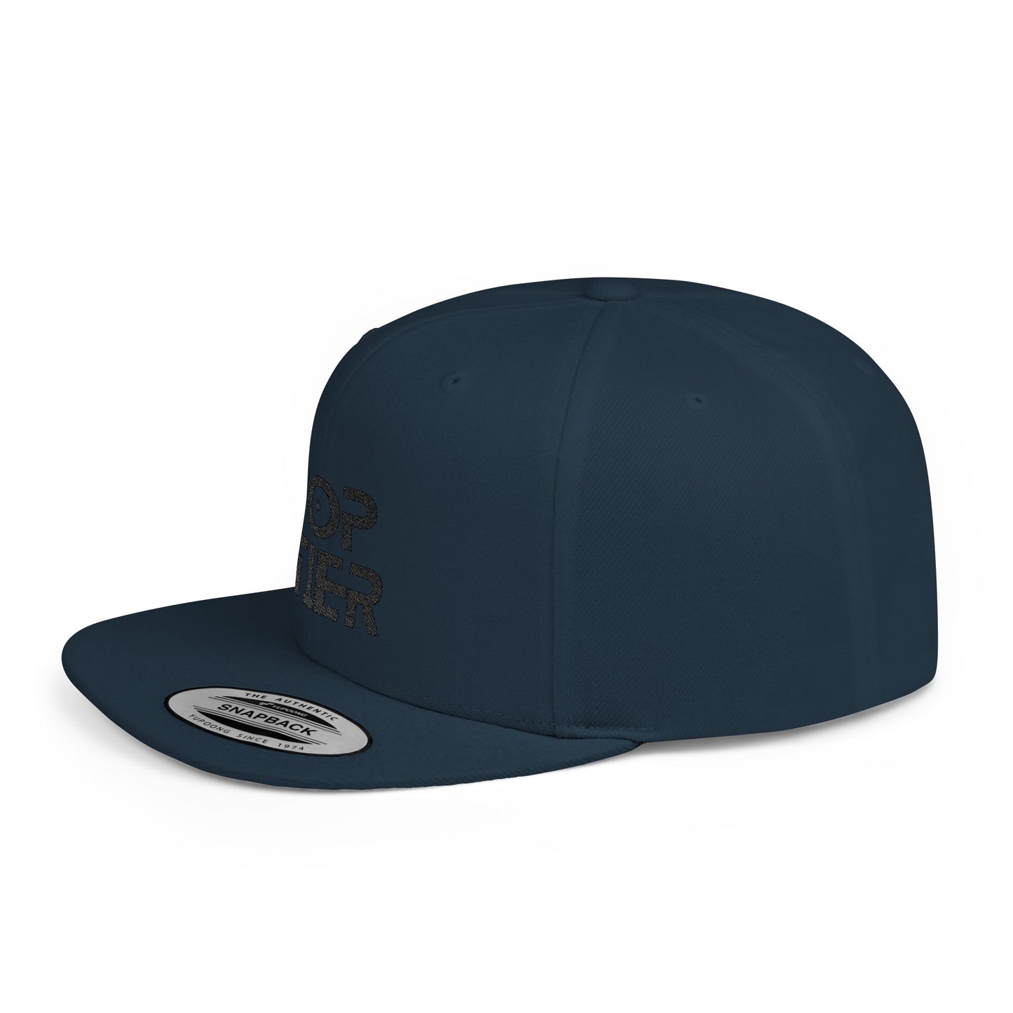 Embroidery Flat Bill Snapback Hat Black Font
