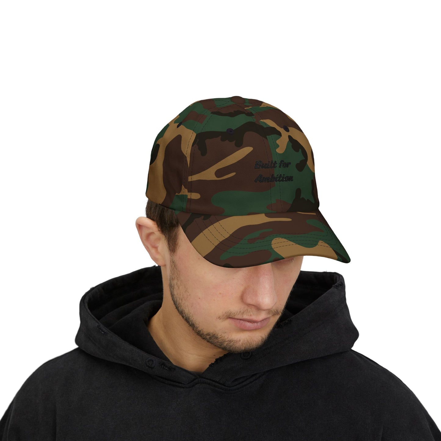Black "Built for Ambition" dad cap hat by Printify with adjustable strap and curved brim.