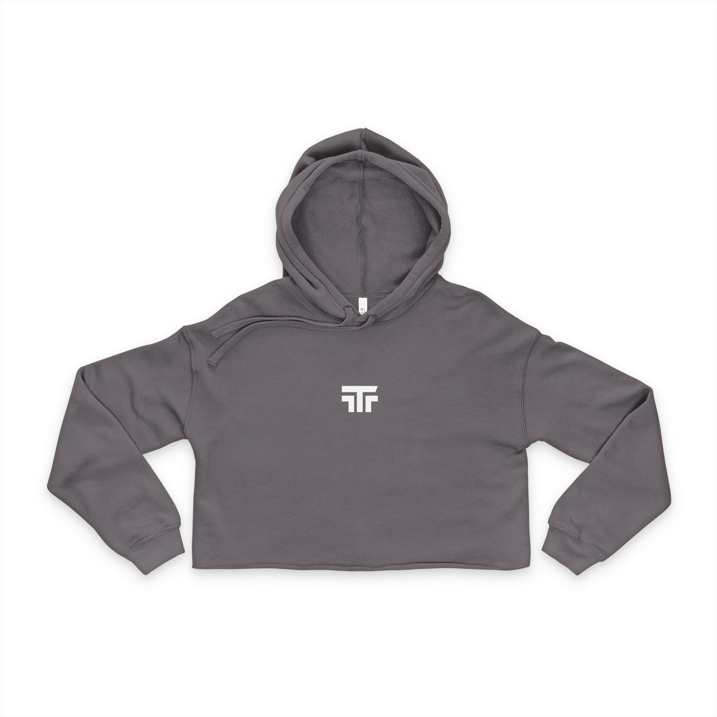 Gray crop top hoodie with printed logo from Printify, featuring a casual fit and comfortable fabric.