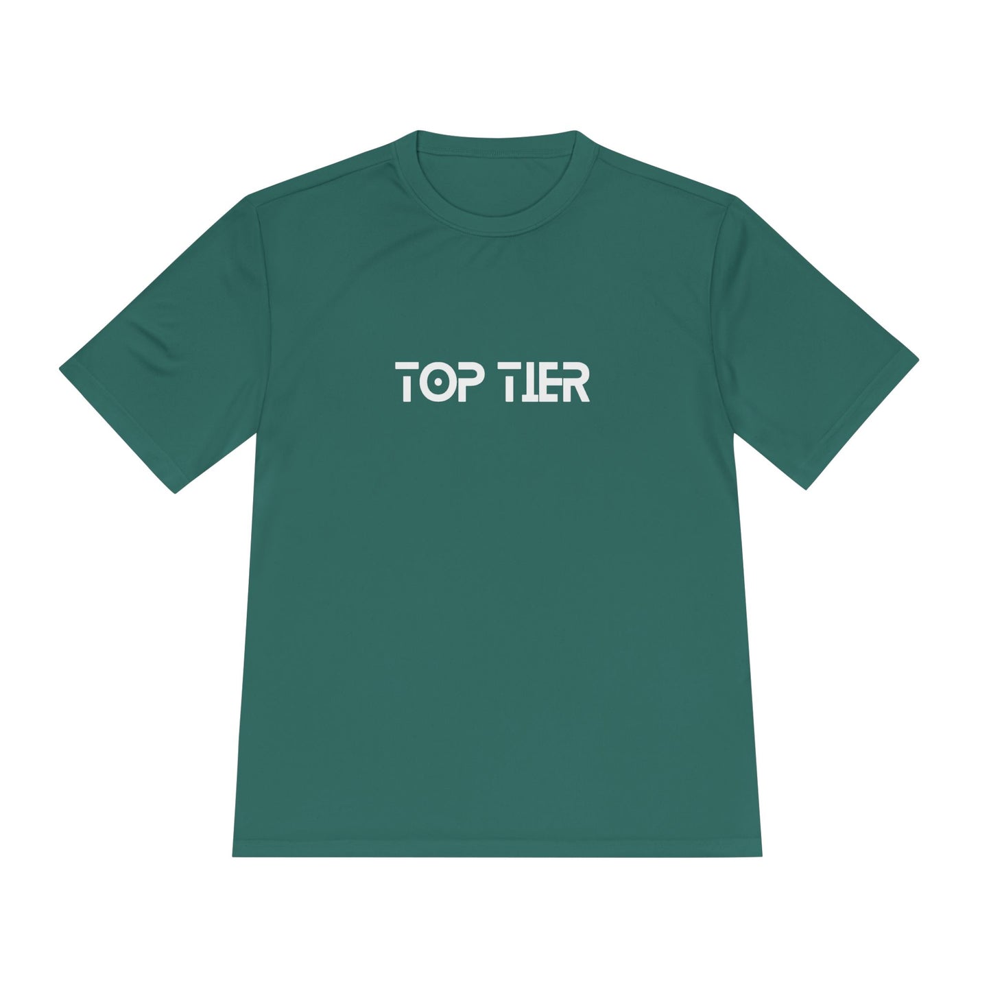 White Top Tier Performance Tee by Printify, close-up of the breathable cotton T-shirt with printed logo on the chest.