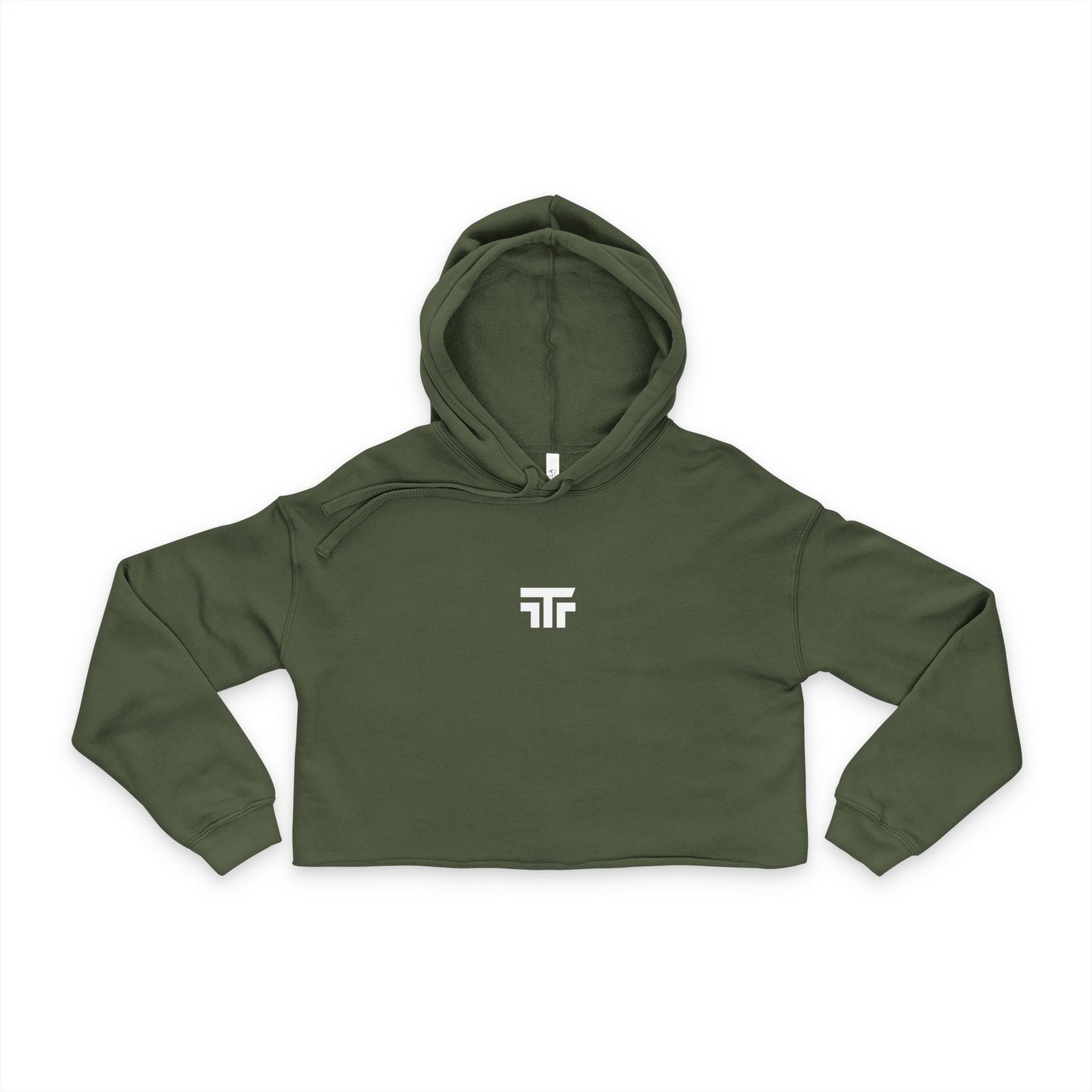 Gray crop top hoodie with printed logo from Printify, featuring a casual fit and comfortable hooded design.