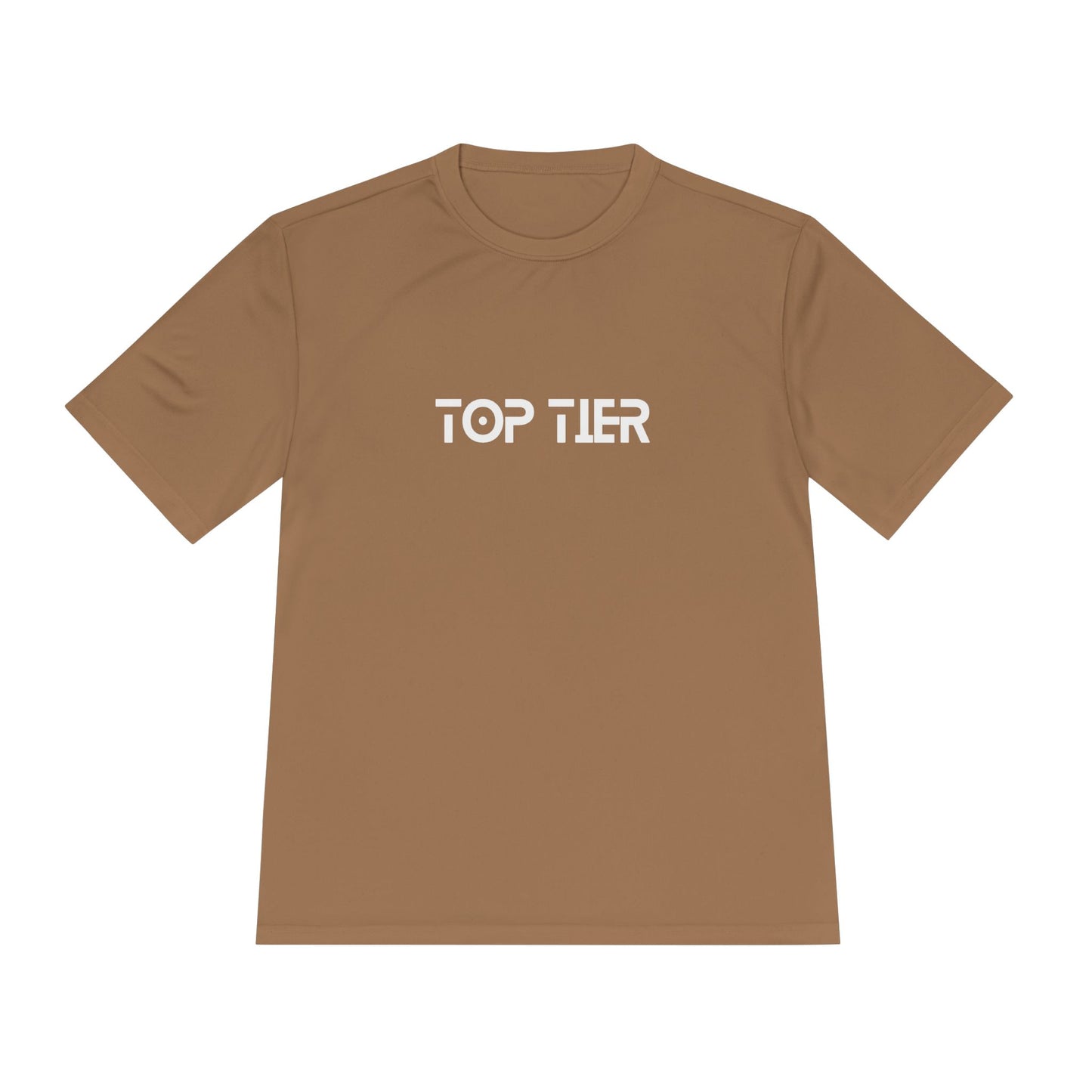 Black Top Tier Performance Tee T-shirt by Printify displayed on a hanger with a close-up of the fabric texture.