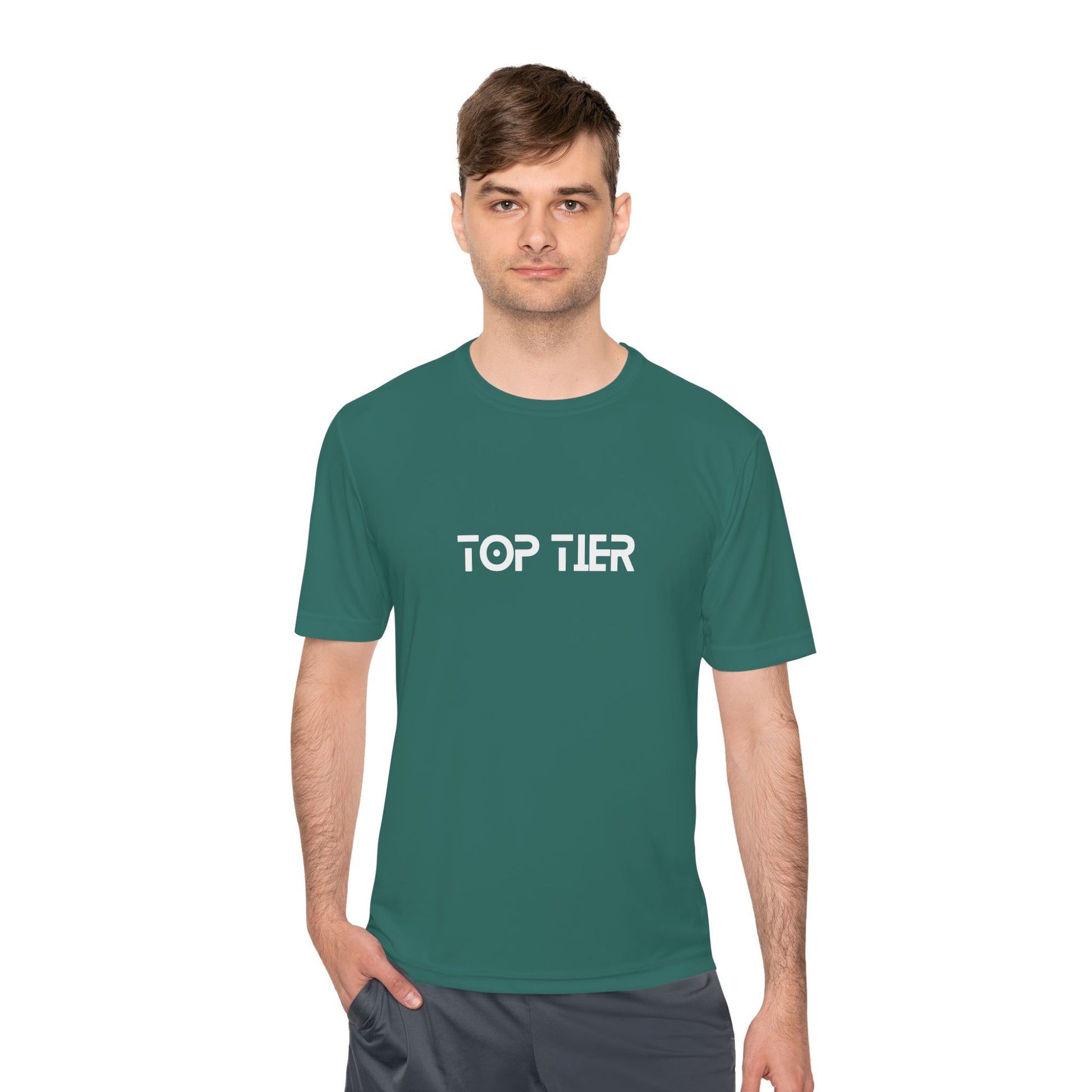 Printify Top Tier Performance T-Shirt displayed flat, featuring a classic crew neck and smooth fabric for athletic comfort.