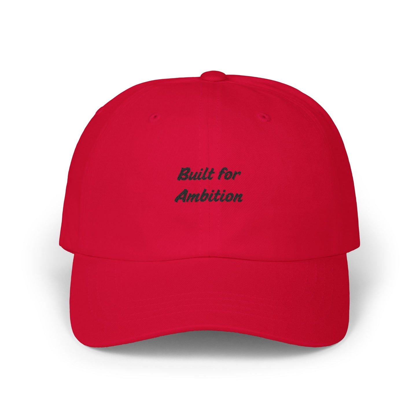 Black "Built for Ambition" dad cap by Printify, adjustable baseball hat with embroidered front text and curved brim.
