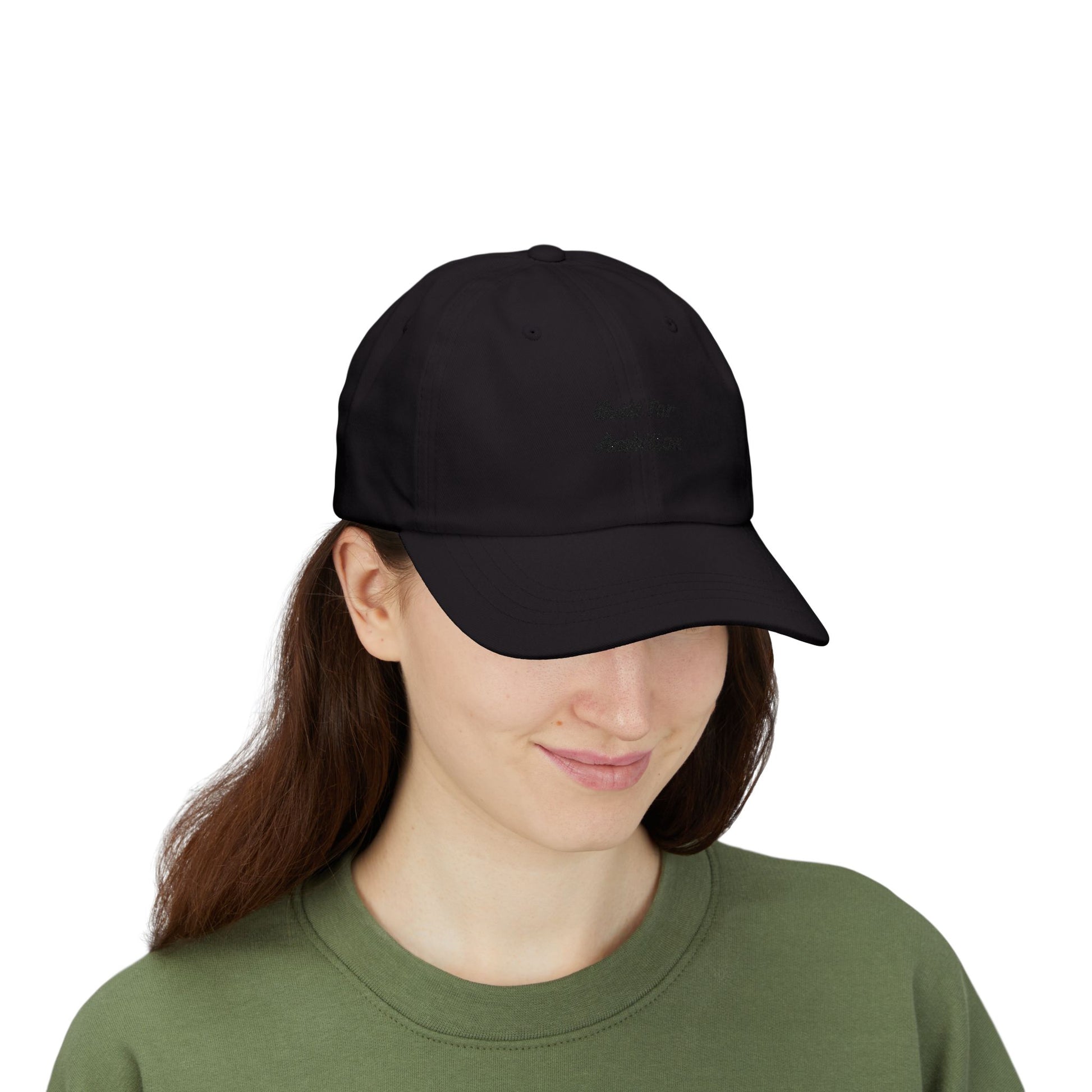 Printed black dad cap from Printify with "Built for Ambition" slogan, adjustable strap, and curved brim.