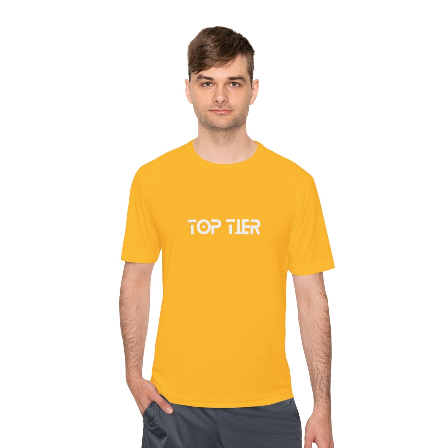 Printify Top Tier Performance T-Shirt displayed on a hanger, featuring a sleek design and comfortable fit.