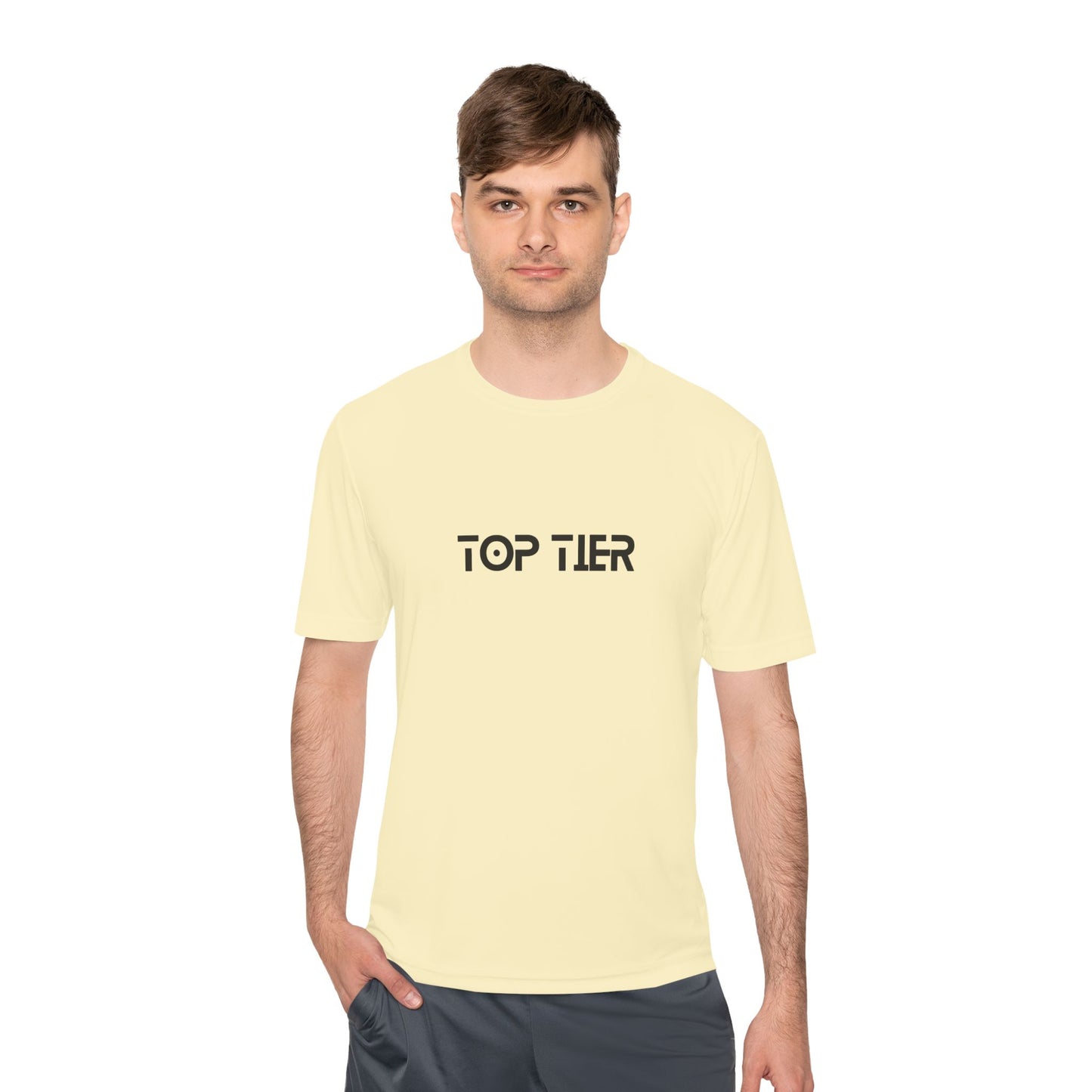 Printify Top Tier Performance T-Shirt displayed on a hanger, featuring a sleek design and comfortable fit.