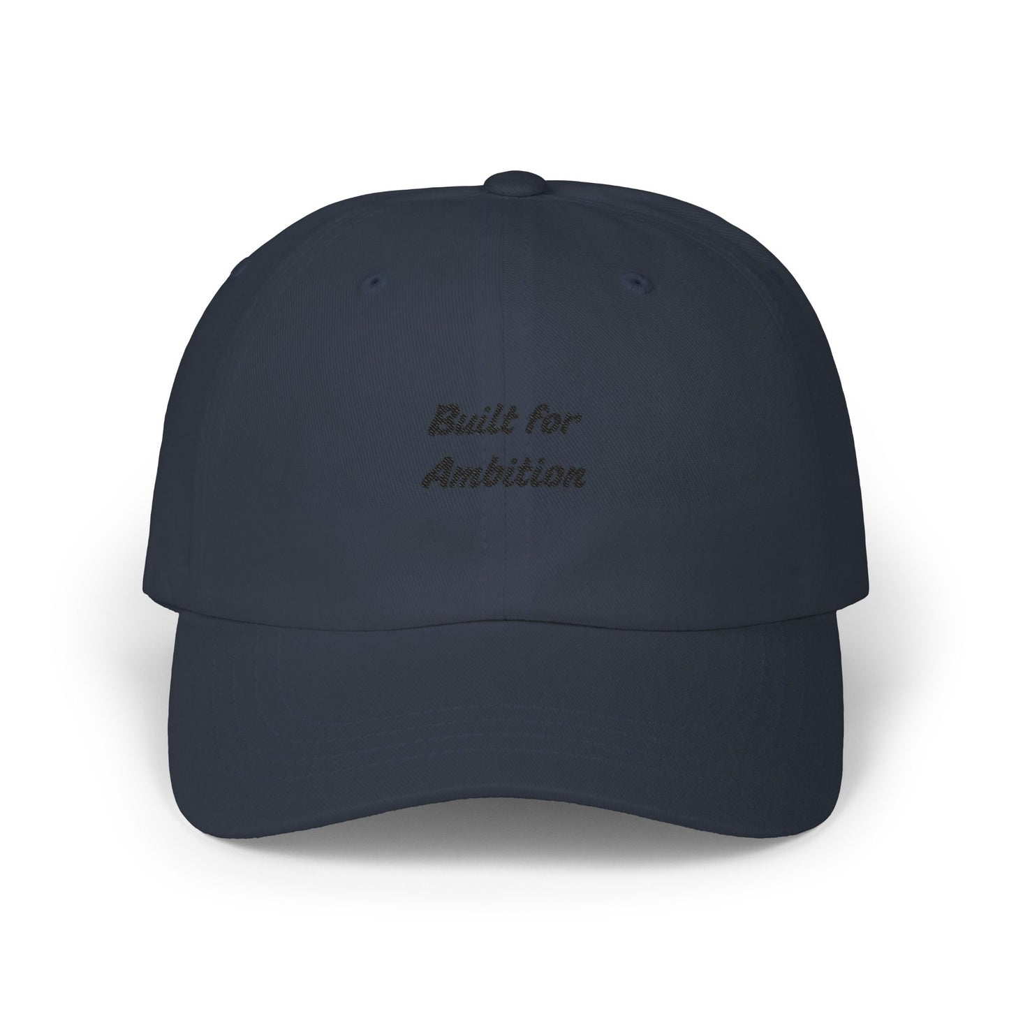 Black "Built for Ambition" dad cap by Printify, classic adjustable hat with embroidered front design.