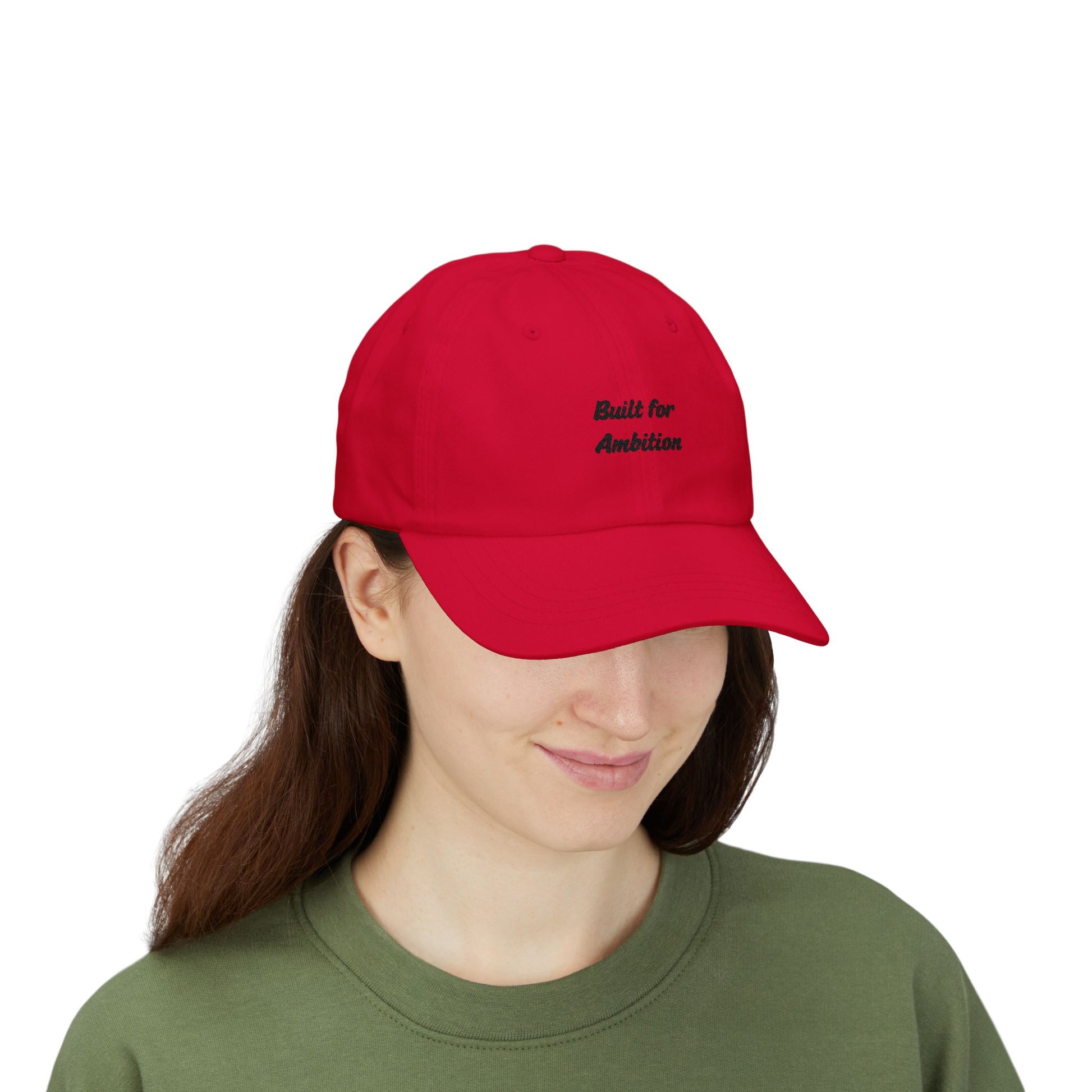 Black "Built for Ambition" dad hat by Printify with curved brim and adjustable strap, casual style for everyday wear.