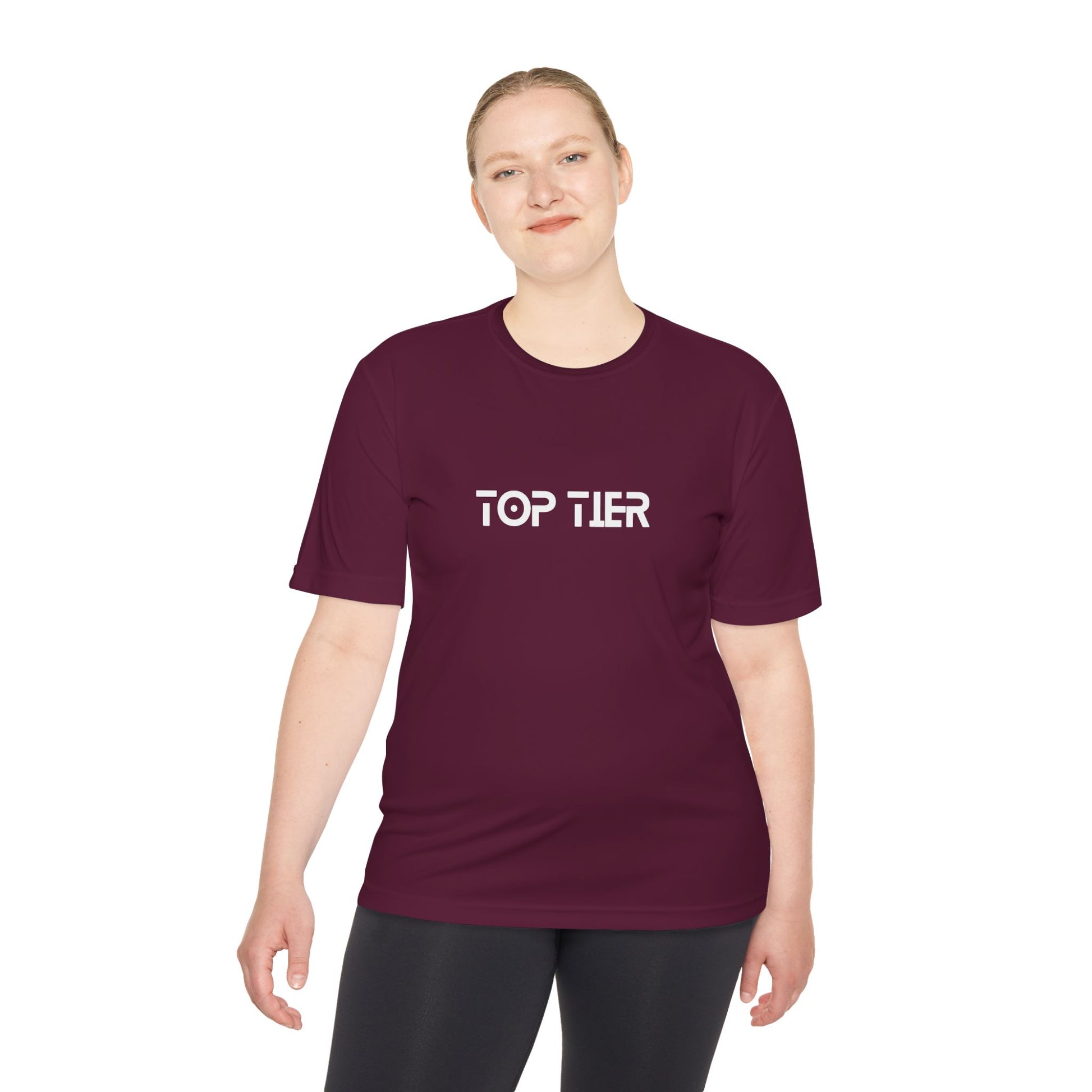 Black Top Tier Performance Tee T-shirt by Printify displayed flat with front view showing smooth fabric and classic fit.