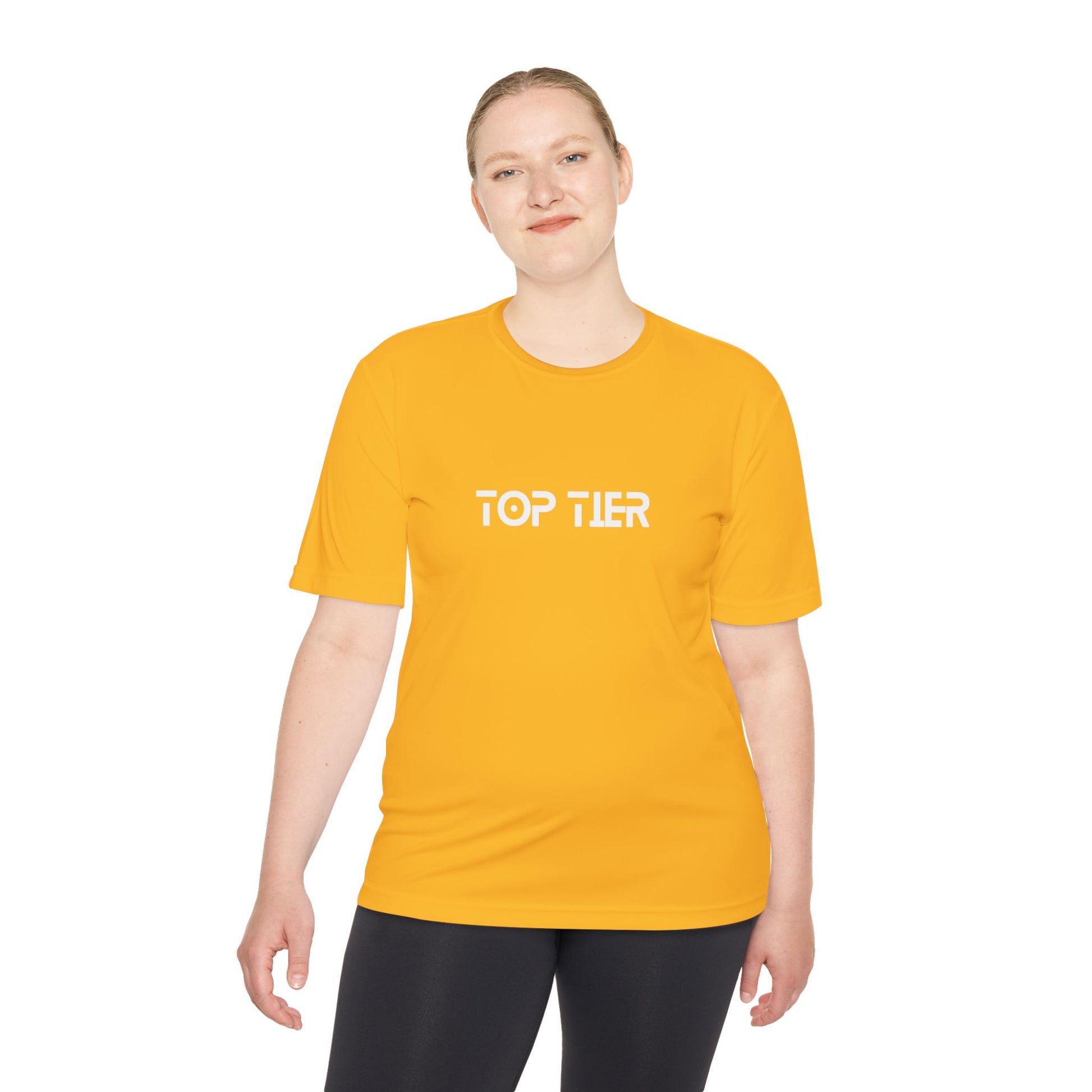 Printify Top Tier Performance T-Shirt in black with a crew neck and short sleeves, made from breathable athletic fabric.