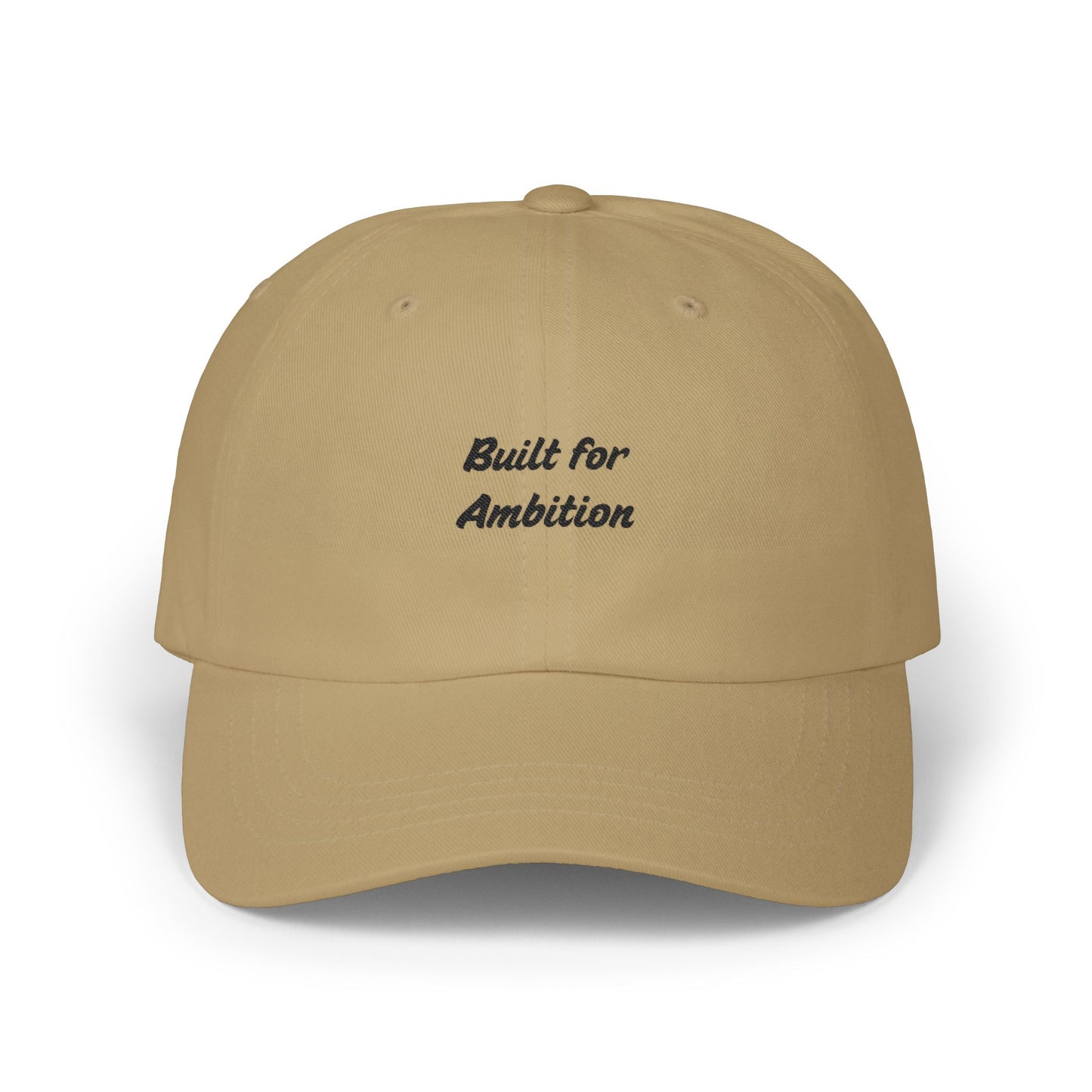 Printed black dad cap from Printify featuring "Built for Ambition" embroidered slogan, casual unisex hat for everyday wear