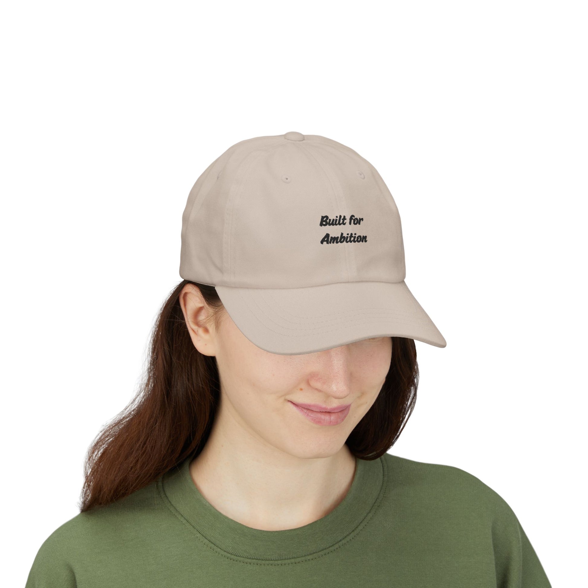 Black "Built for Ambition" dad hat by Printify with curved brim and adjustable strap, showcasing a stylish and casual hat design.