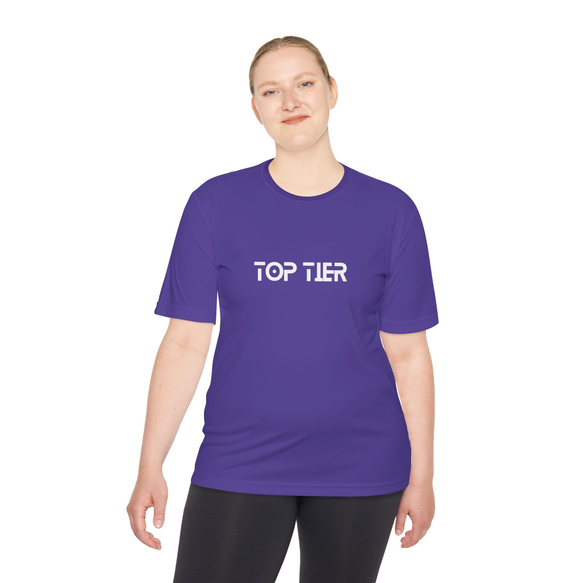 Printify Top Tier Performance T-Shirt displayed on a hanger, featuring a sleek design and comfortable fit for active wear.