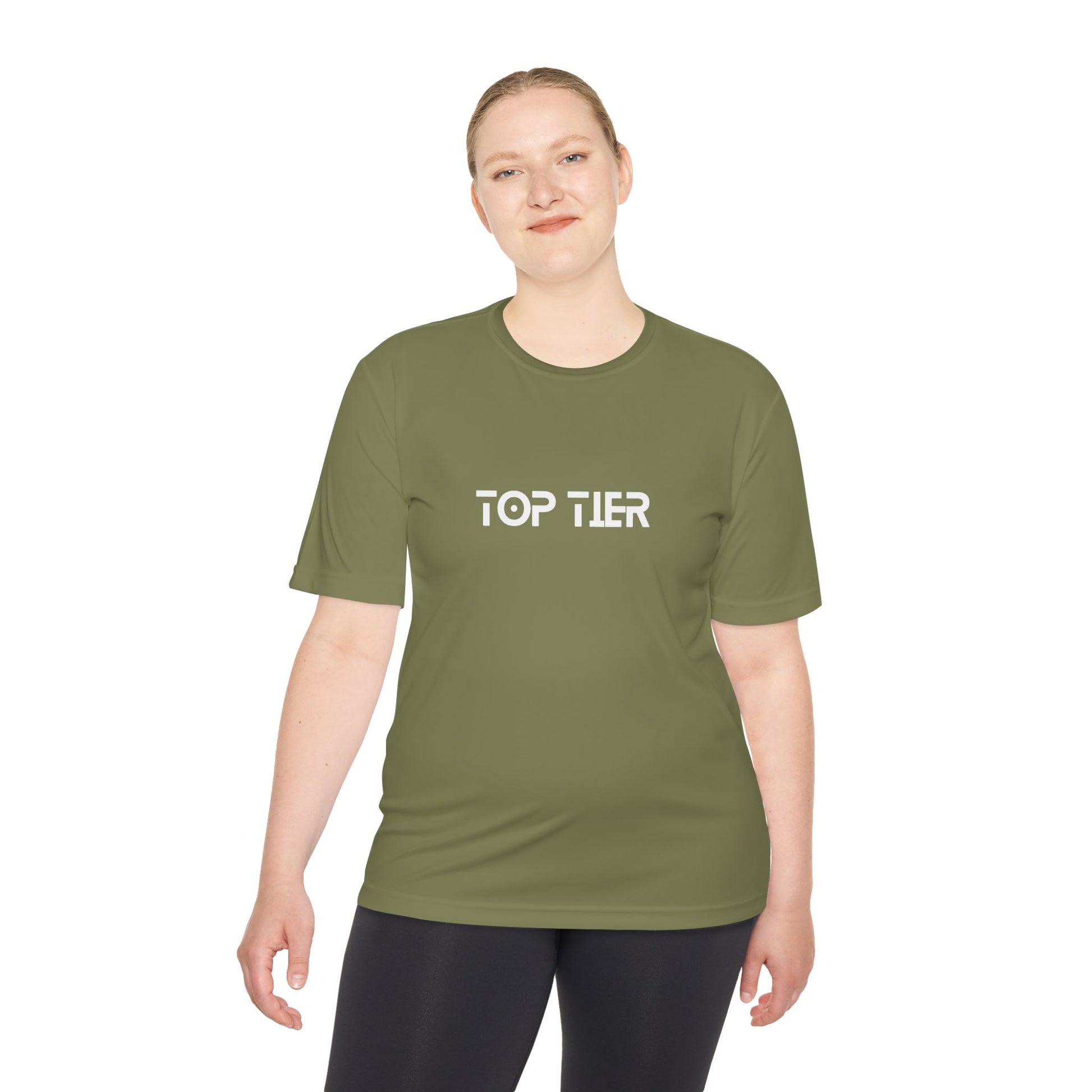Black Top Tier Performance Tee by Printify, men's T-shirt with a comfortable fit and bold printed logo on the front.