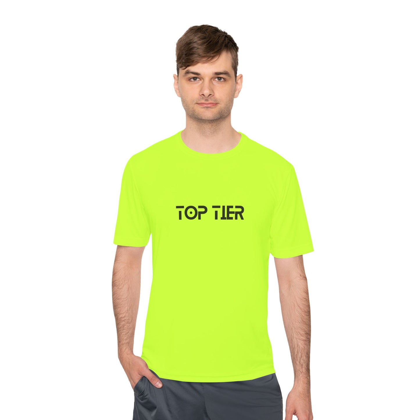 White Top Tier Performance Tee by Printify, casual T-shirt with a comfortable fit, displayed on a flat surface.