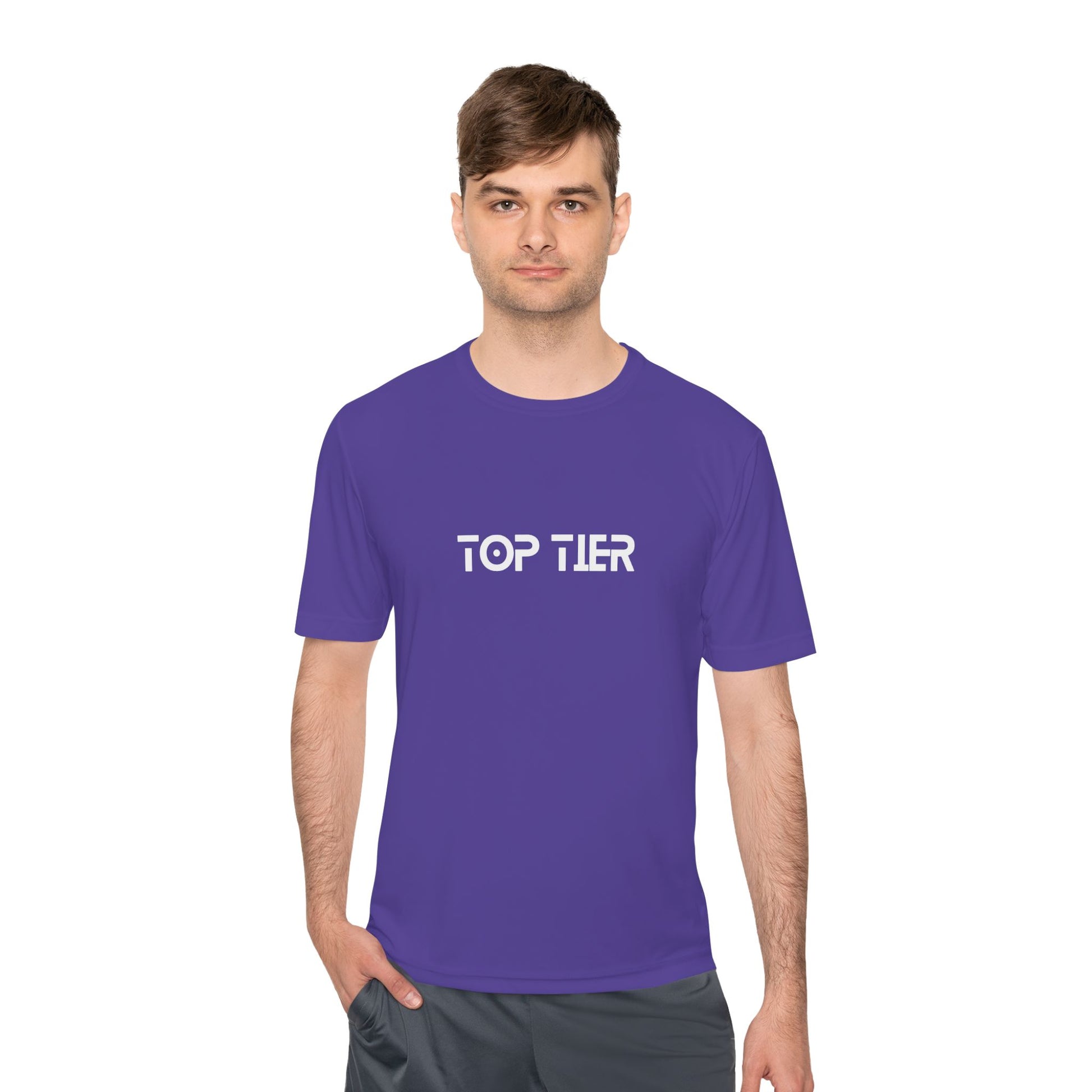 Printify Top Tier Performance T-Shirt in black, showing a close-up of the fabric texture and the printed logo on the front.