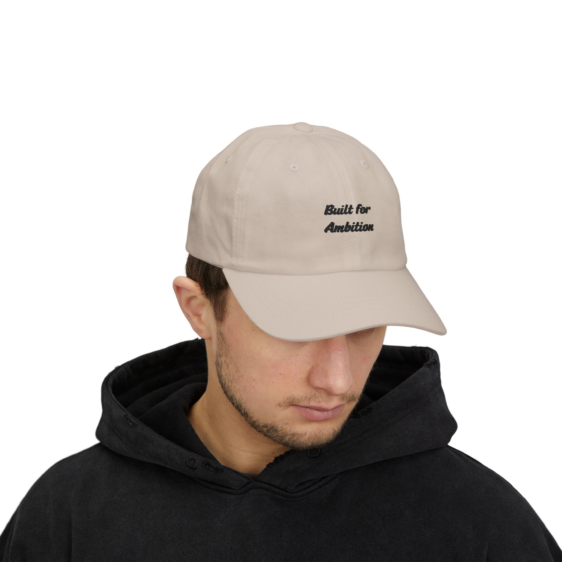 Black dad cap with "Built for Ambition" embroidered front, casual hat by Printify, adjustable strap, stylish and comfortable.