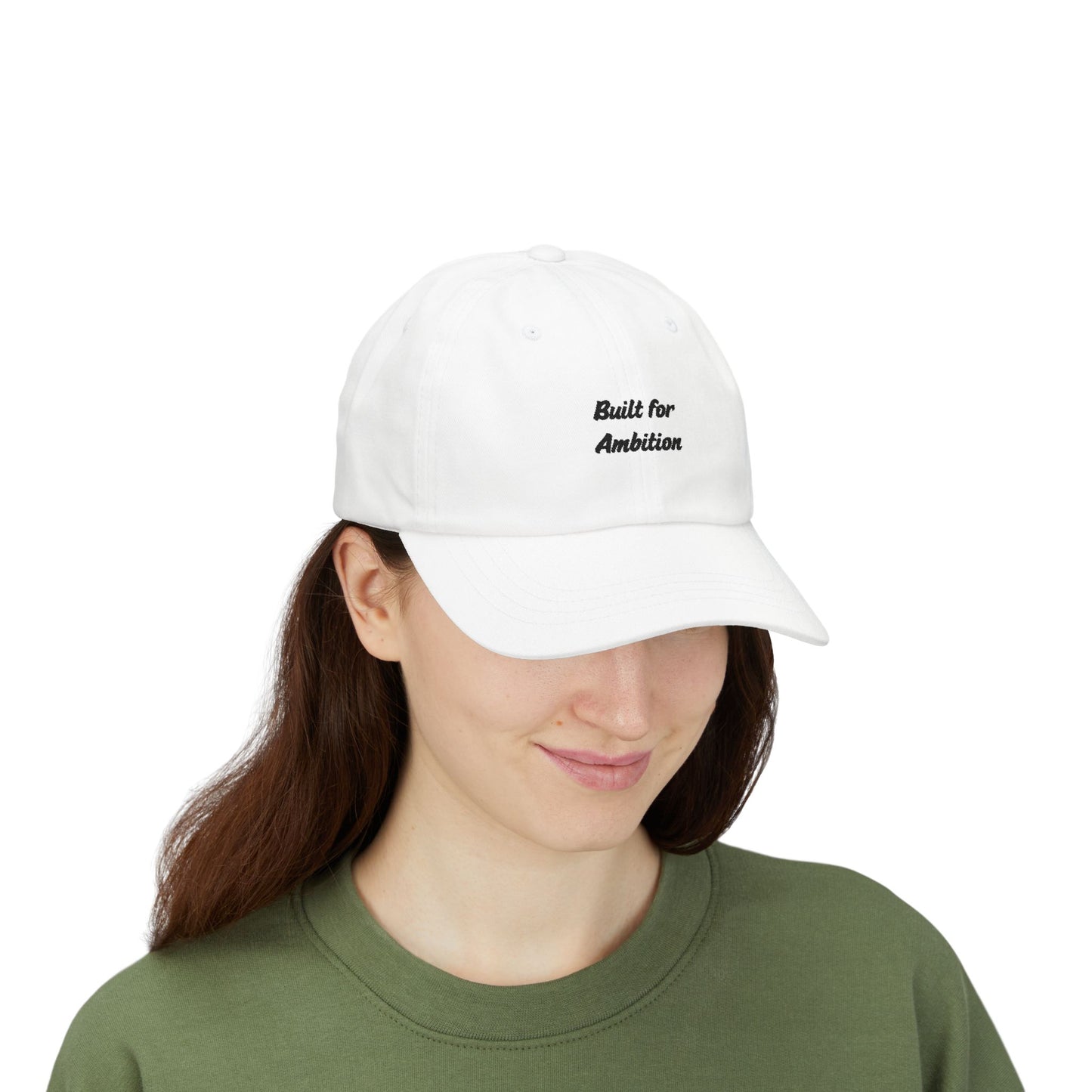 Black "Built for Ambition" dad hat by Printify with curved brim and adjustable strap, front embroidered slogan.
