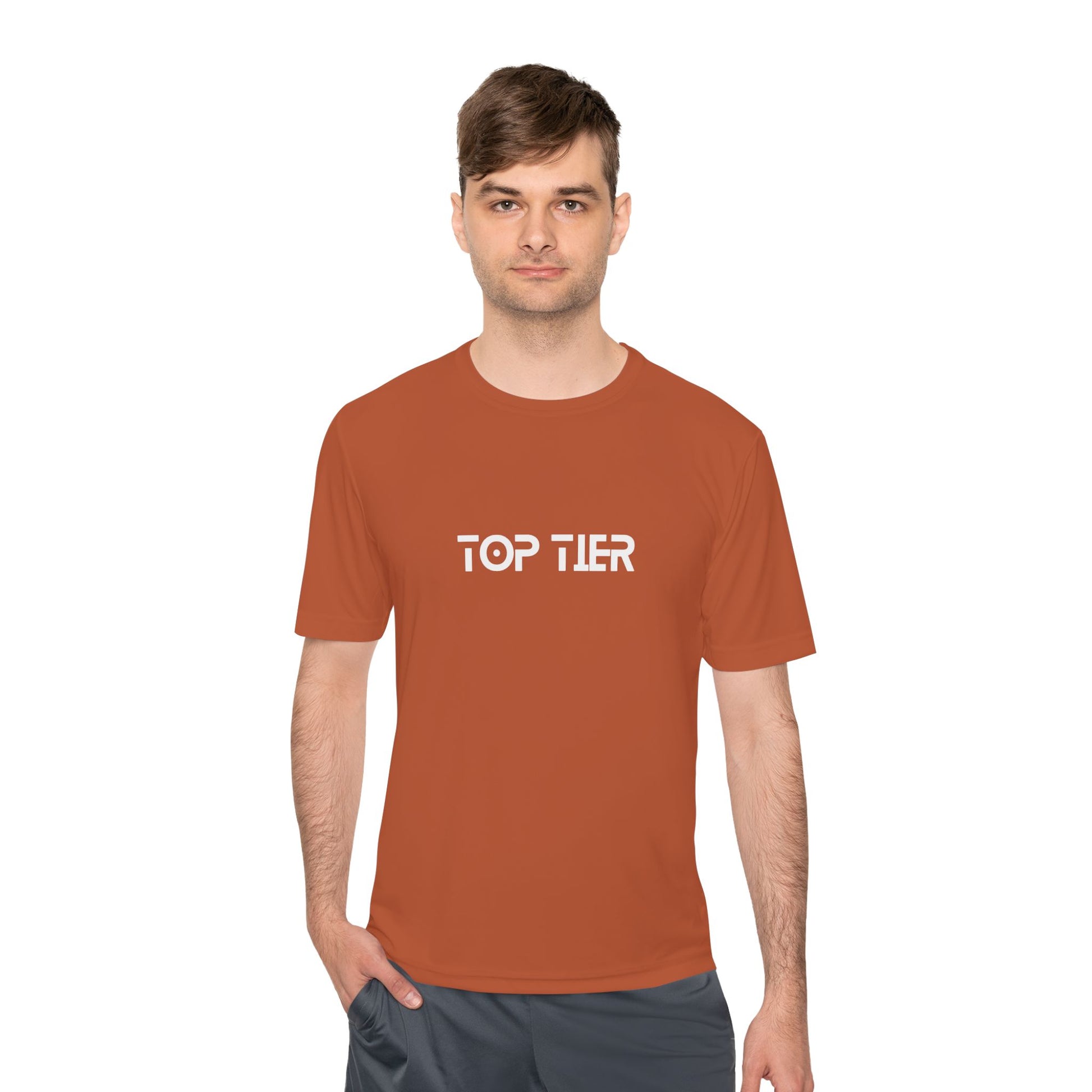 Printify Top Tier Performance Tee T-shirt in black with realistic fabric texture and classic crew neck design.