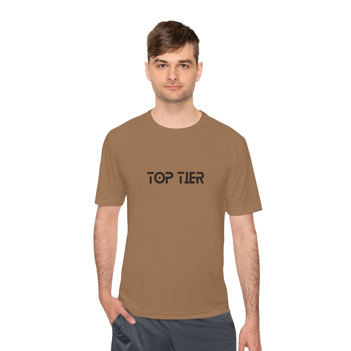 Printify Top Tier Performance Tee, a men's athletic T-shirt in black with moisture-wicking fabric and printed logo.