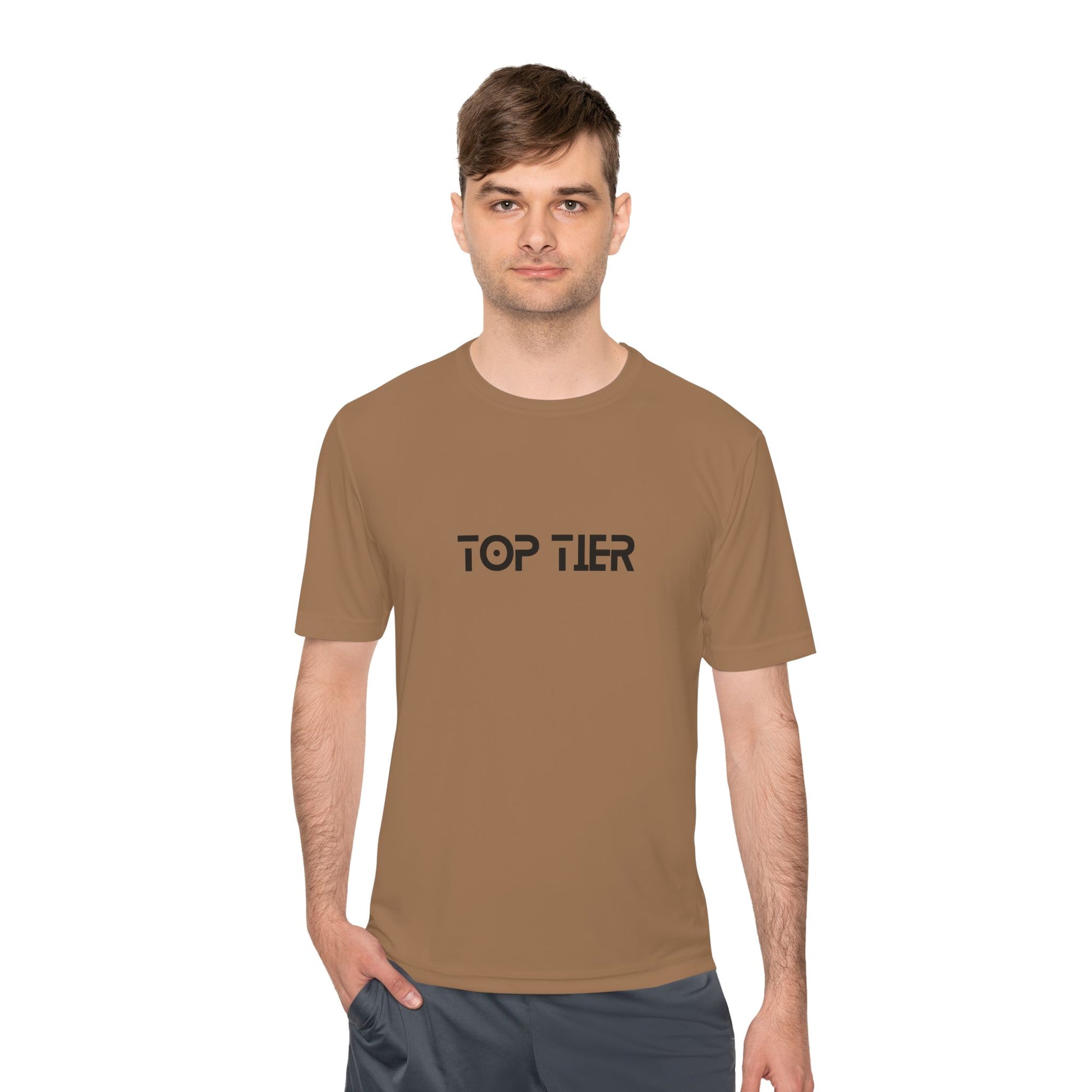 Printify Top Tier Performance Tee, a men's athletic T-shirt in black with moisture-wicking fabric and printed logo.