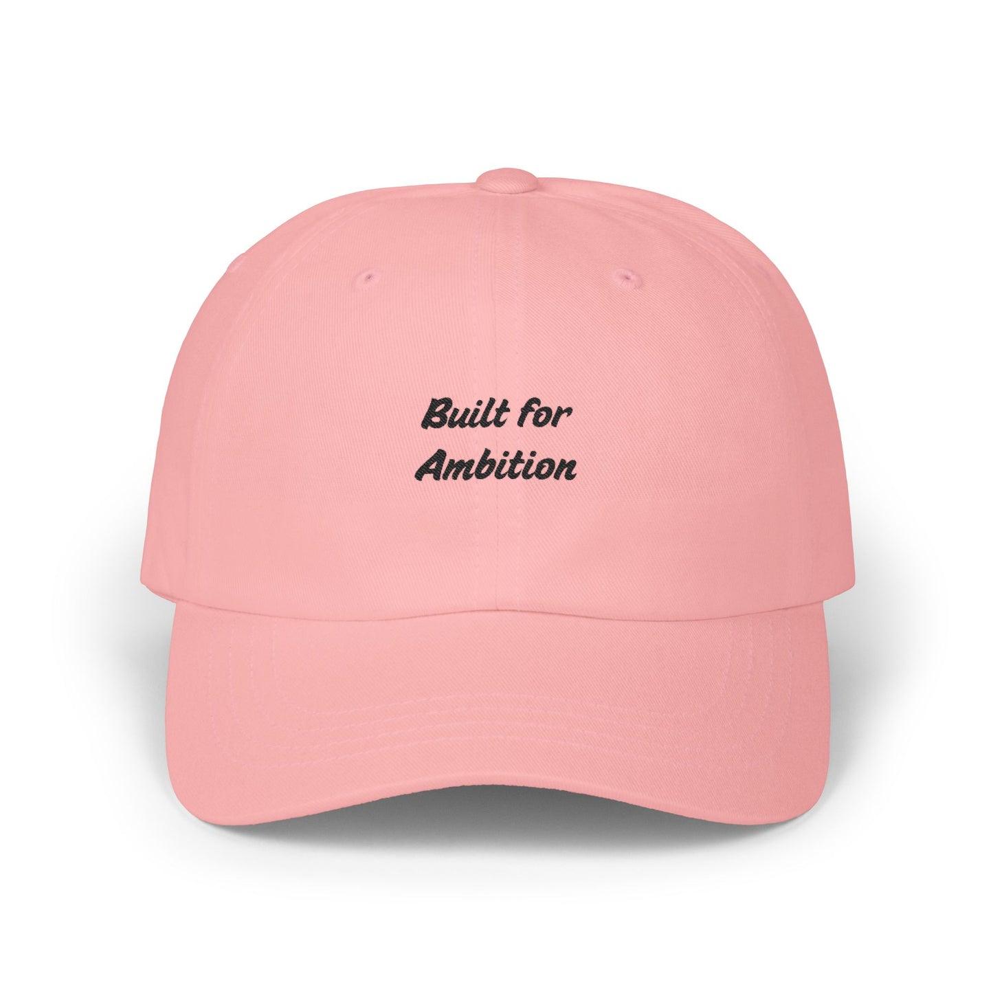 White dad cap with "Built for Ambition" embroidered text, casual hat by Printify featuring a curved brim and adjustable strap.