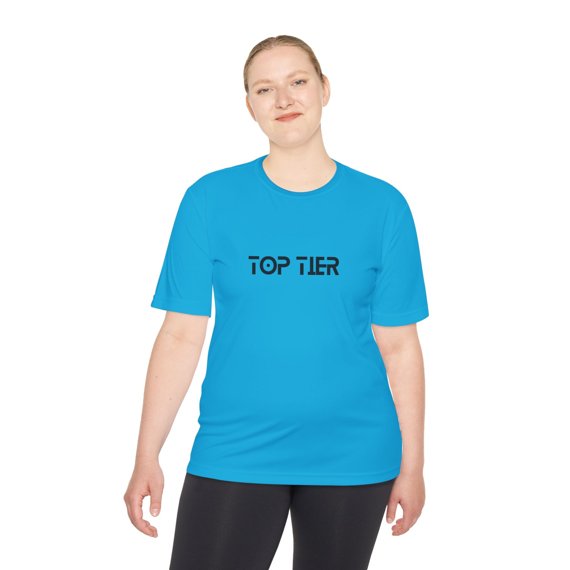 Printify Top Tier Performance Tee T-shirt in black with a relaxed fit, featuring a crew neckline and short sleeves.