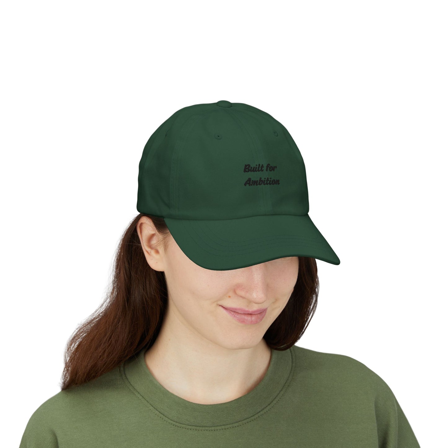 Black "Built for Ambition" dad cap by Printify featuring a curved brim and adjustable strap, casual men's hat for everyday wear.