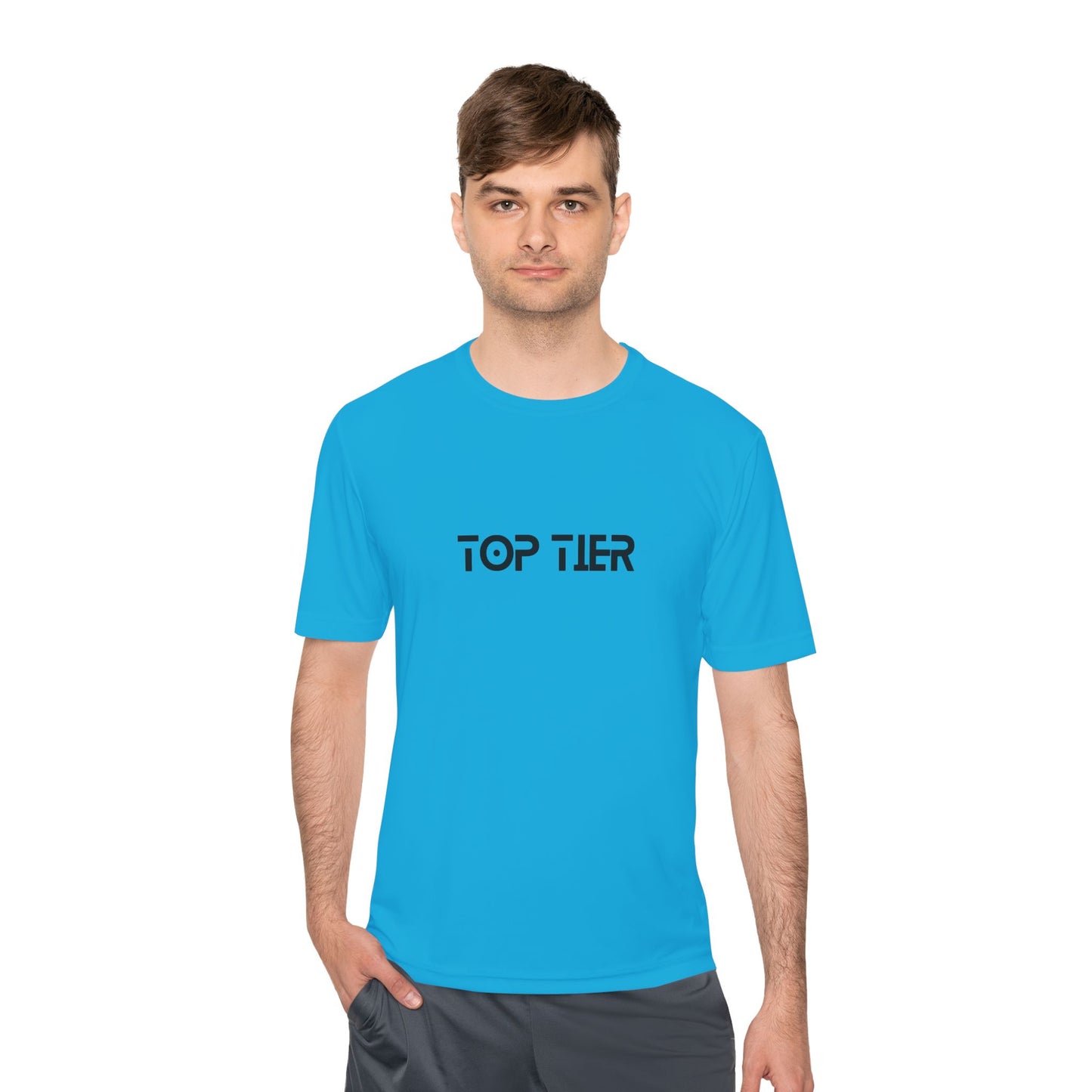 Printify Top Tier Performance Tee, men's athletic T-shirt in black with logo design, made from breathable performance fabric.