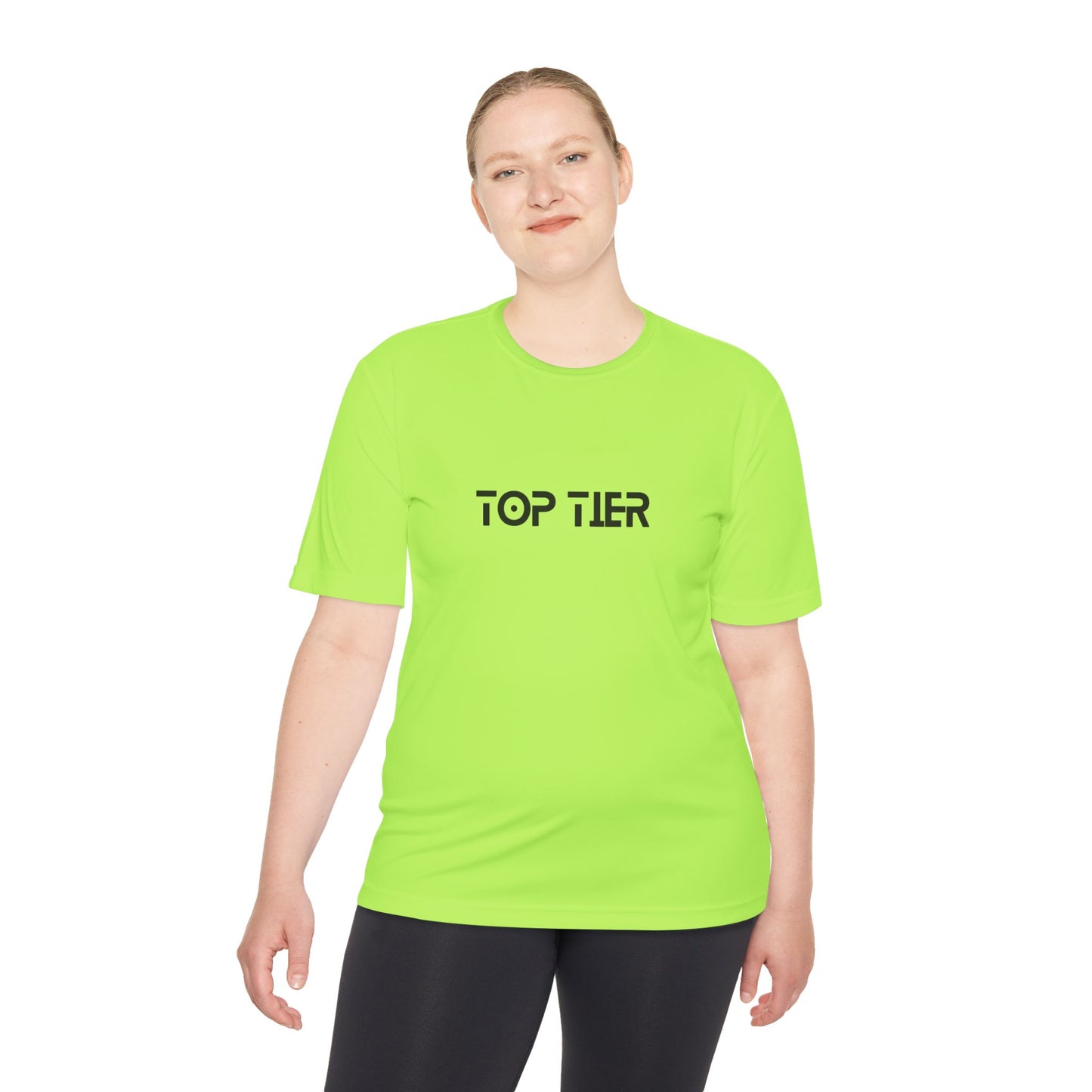 Black Top Tier Performance Tee T-shirt by Printify, showing a comfortable fit and classic design.