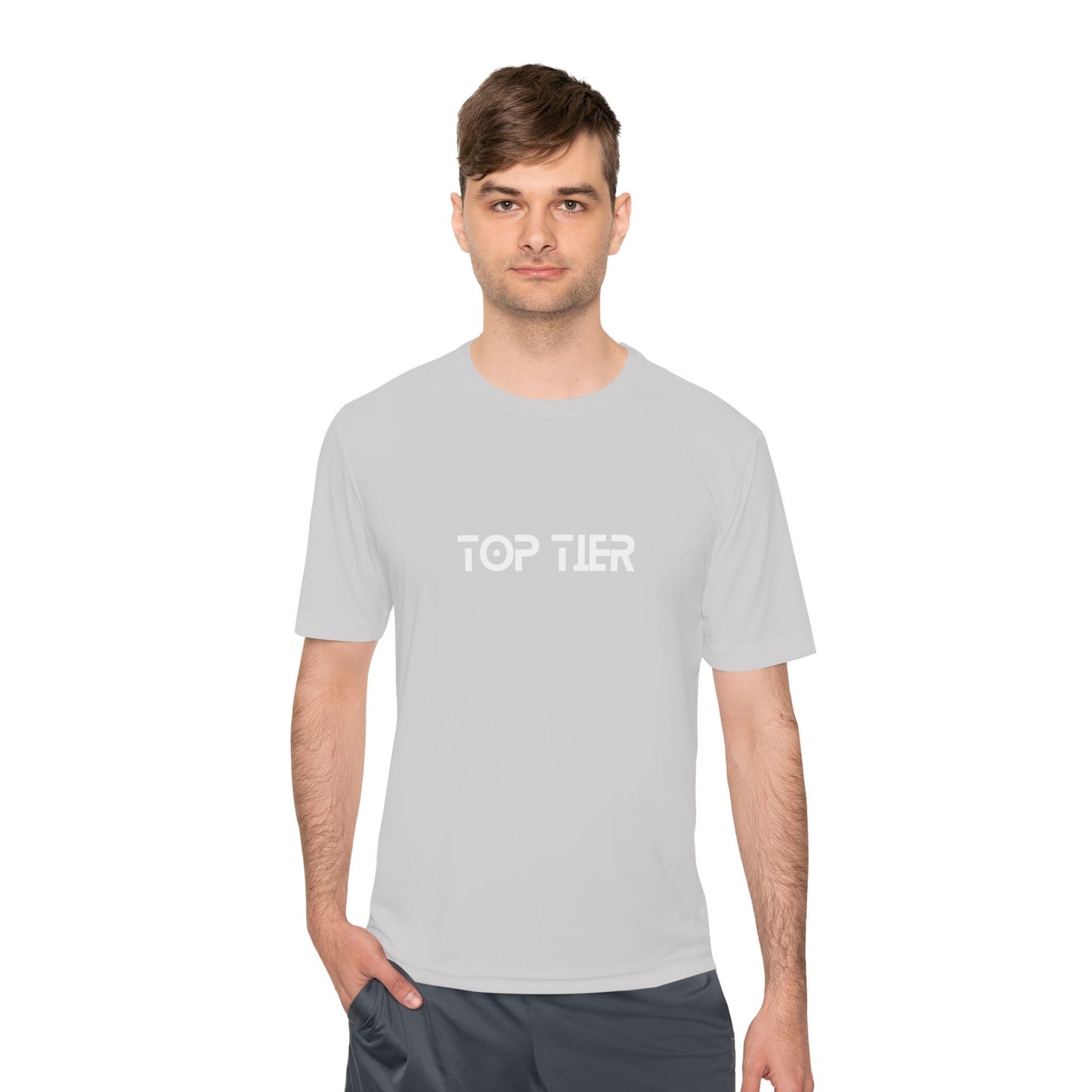 Printify Top Tier Performance T-shirt, lightweight athletic tee with breathable fabric and printed logo design.