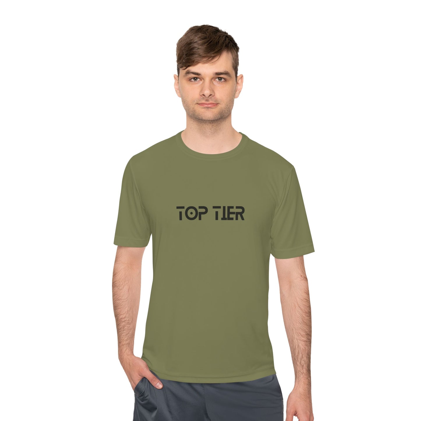 Printify Top Tier Performance T-Shirt shown in black with a crew neckline and short sleeves, designed for comfort and style.