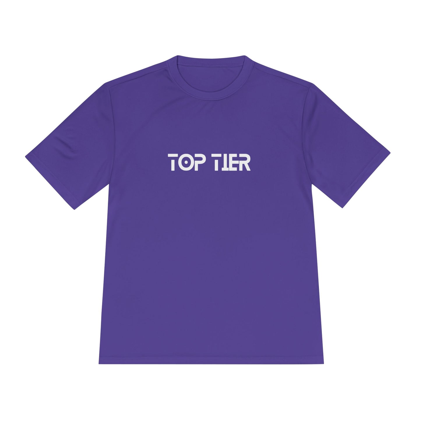 Printify Top Tier Performance Tee, black athletic T-shirt with breathable fabric and athletic fit, displayed on a hanger.