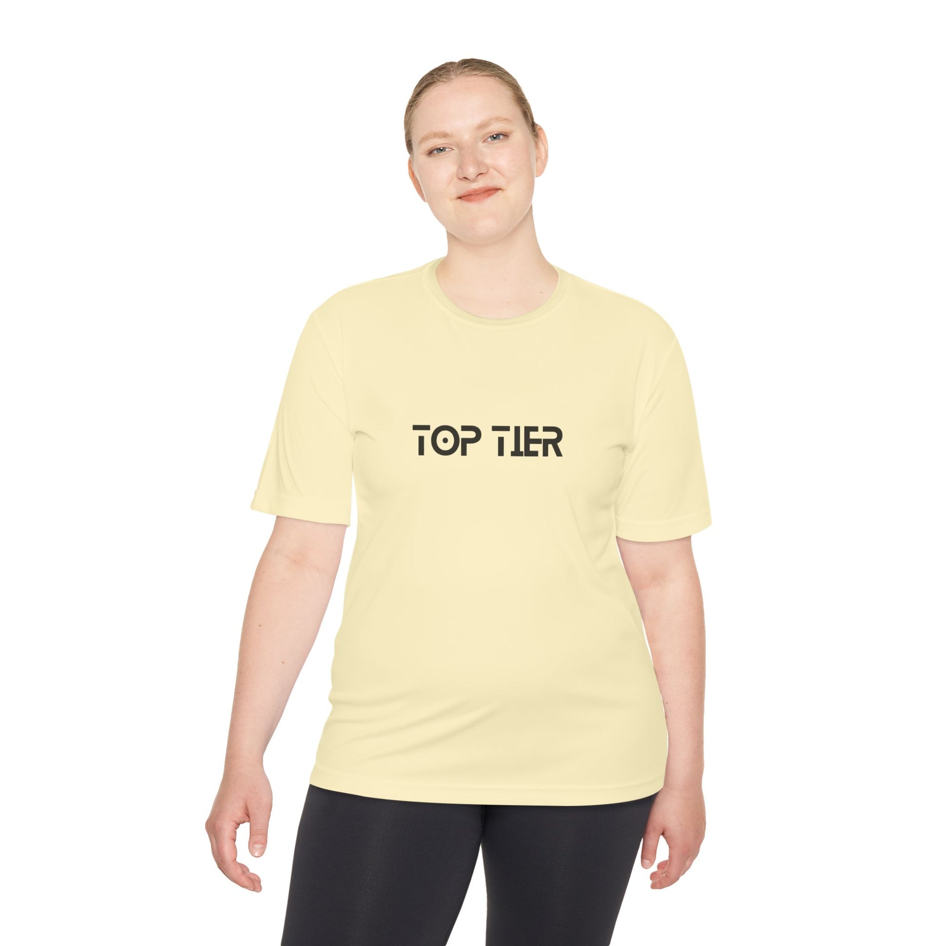 Printify Top Tier Performance Tee, men's athletic T-shirt in black with breathable fabric and printed logo on front.