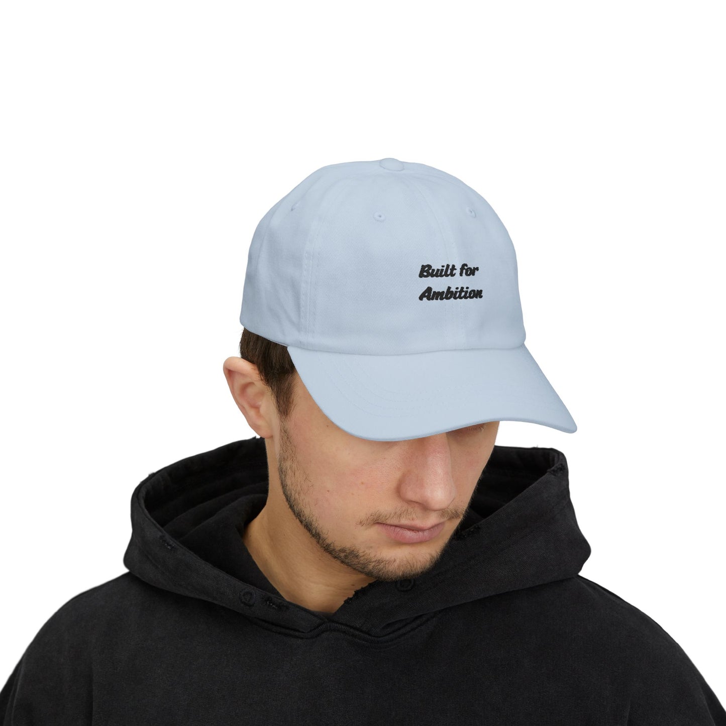 Black "Built for Ambition" dad cap by Printify, adjustable baseball hat with embroidered text, casual headwear for men.