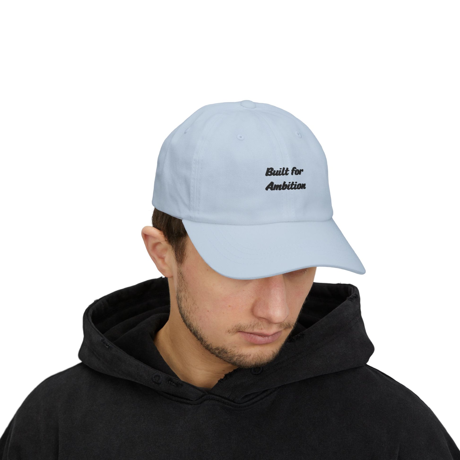 Black "Built for Ambition" dad cap by Printify, adjustable baseball hat with embroidered text, casual headwear for men.