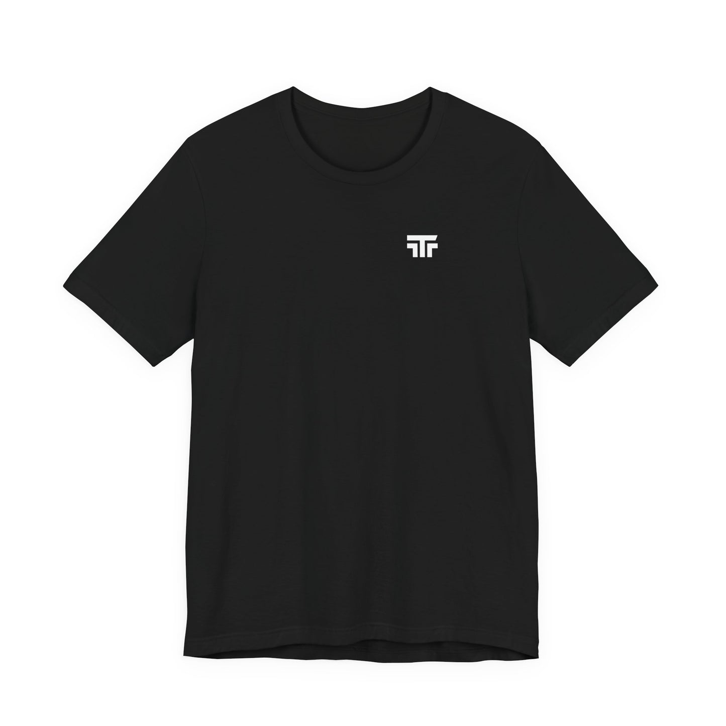 Printify Top Tier Core Tee T-shirt in black, featuring a classic crew neck and soft cotton fabric, displayed on a hanger.