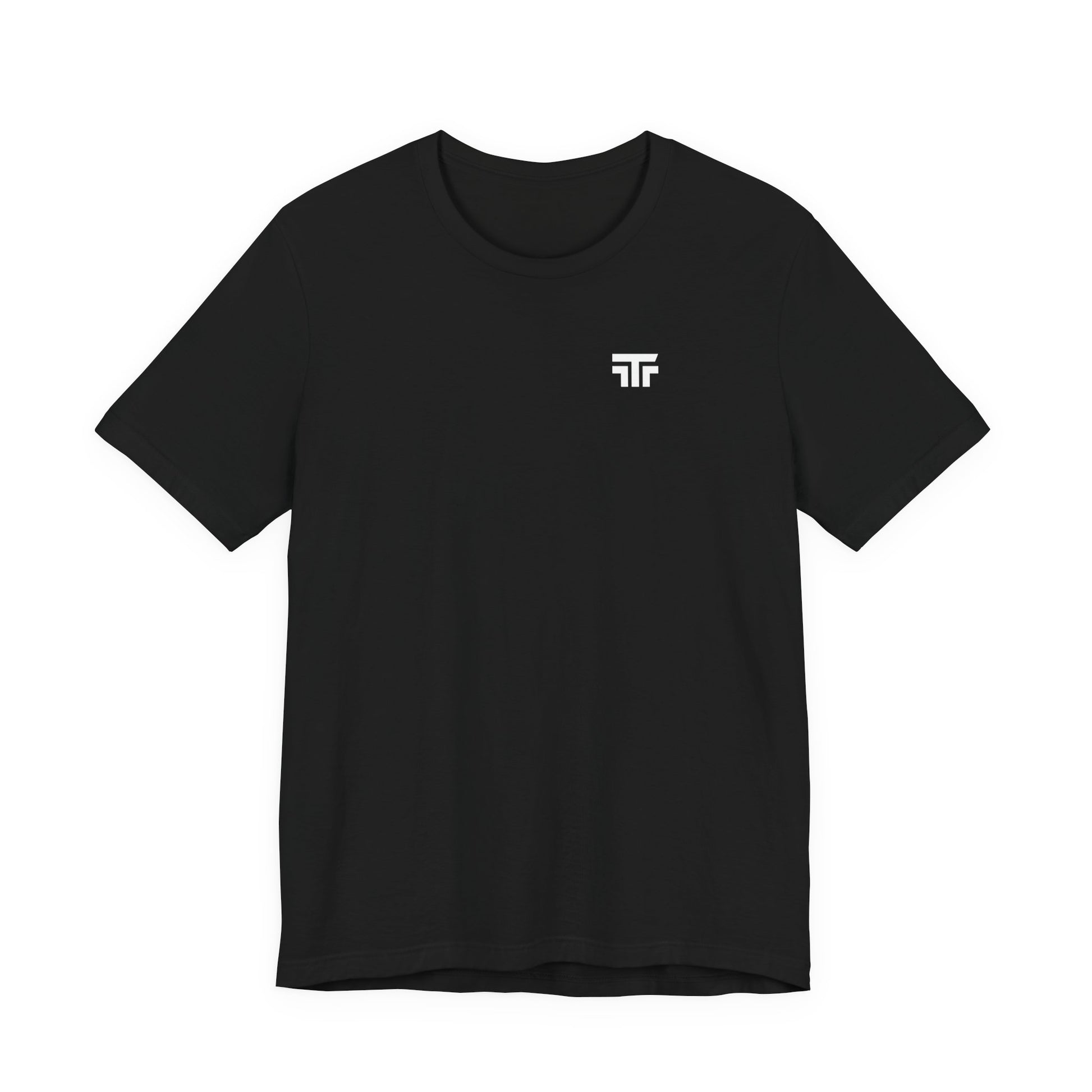 Printify Top Tier Core Tee T-shirt in black, featuring a classic crew neck and soft cotton fabric, displayed on a hanger.