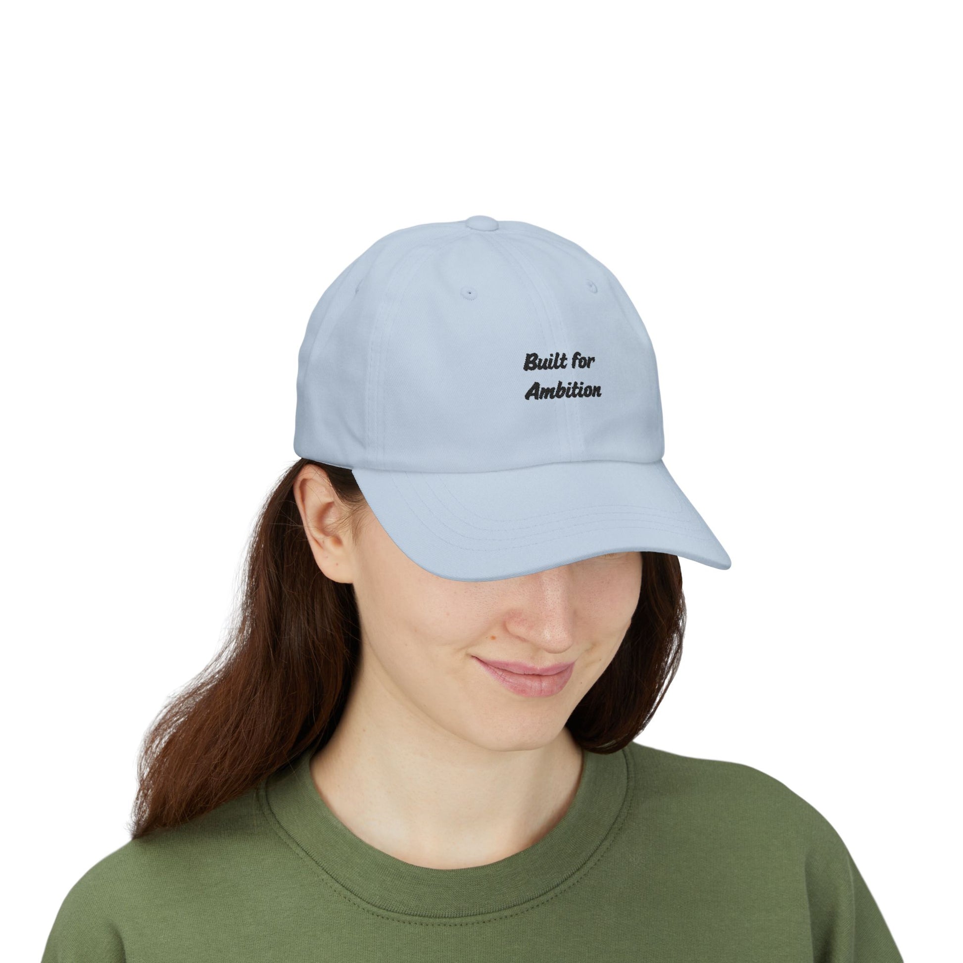 Black "Built for Ambition" dad cap by Printify, adjustable hat with embroidered front design and curved brim.