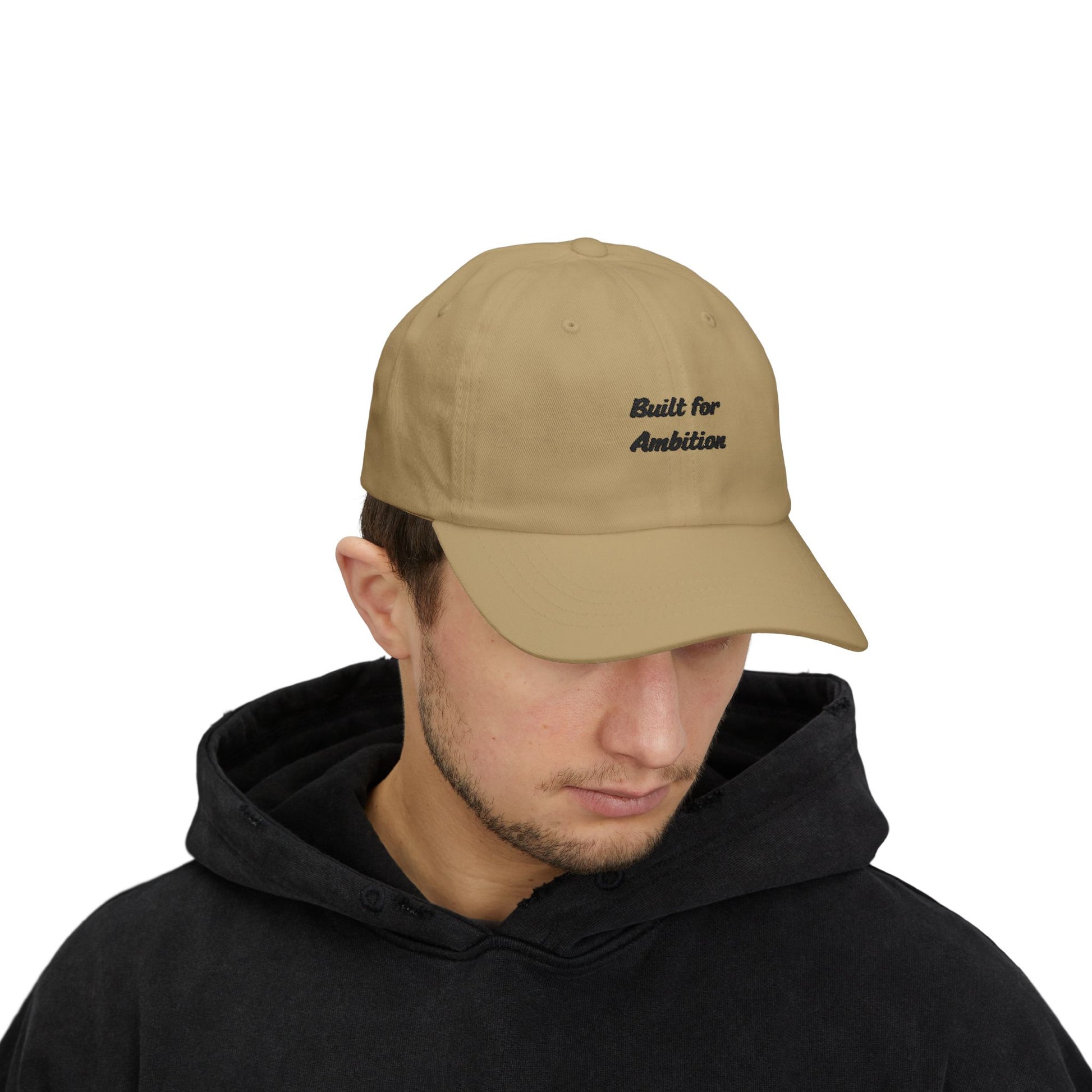 Black "Built for Ambition" dad cap hat by Printify, casual baseball style with adjustable strap and embroidered front design.